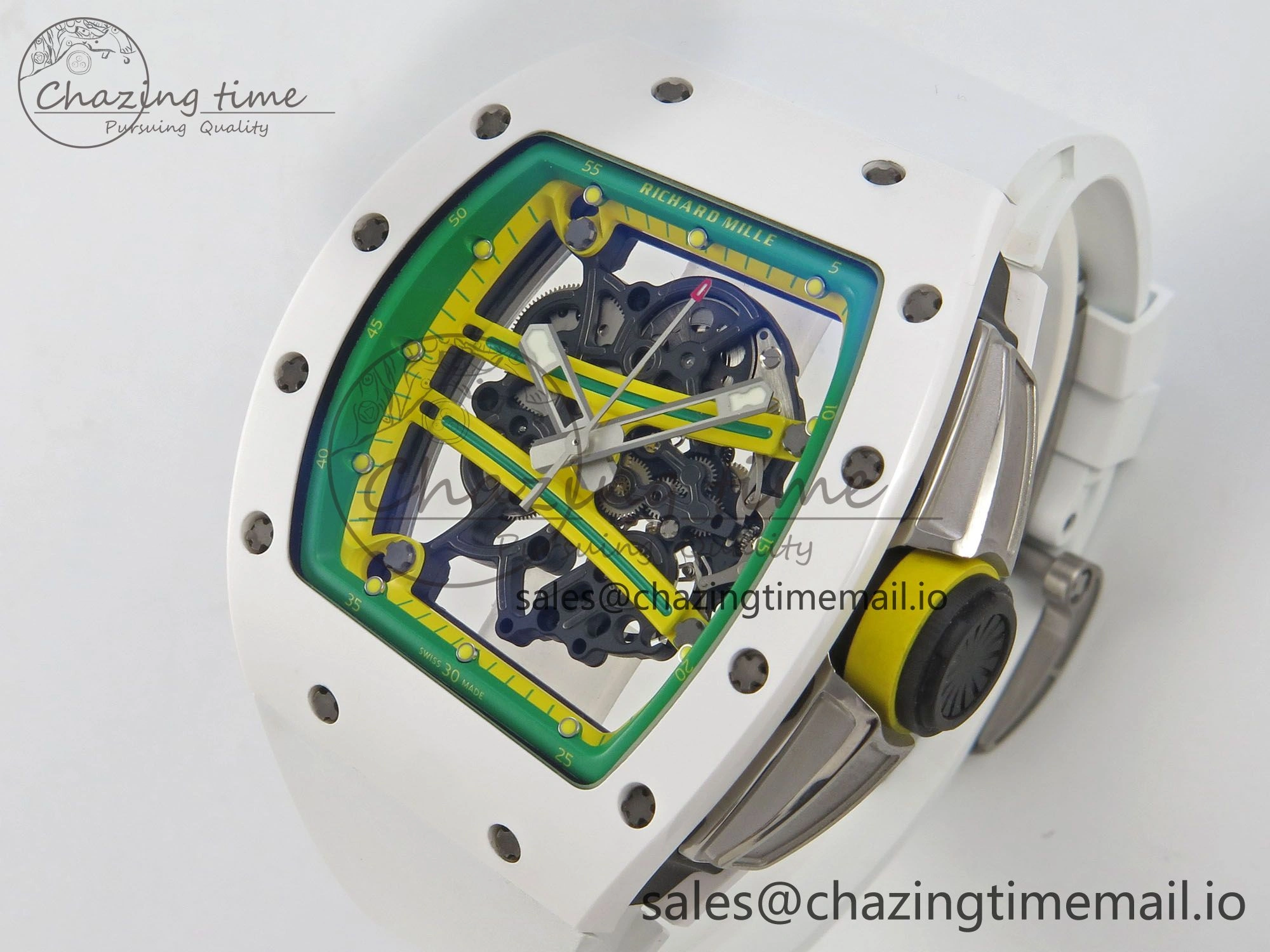 AllSeason RM061 White Ceramic APSF 1:1 Best Edition Yellow Green Skeleton Dial on White Rubber Strap RMUL2 Super Clone 9169