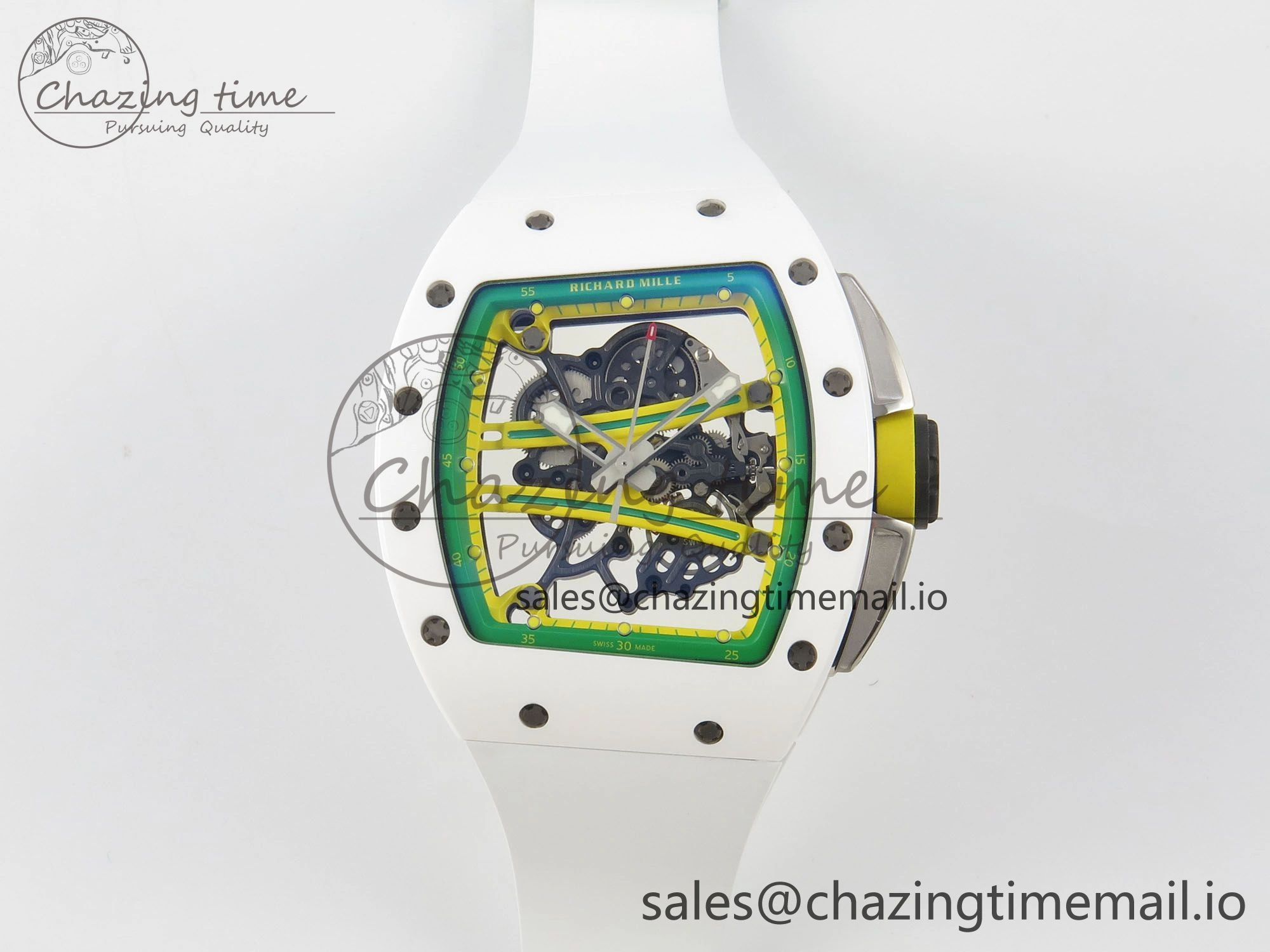 AllSeason RM061 White Ceramic APSF 1:1 Best Edition Yellow Green Skeleton Dial on White Rubber Strap RMUL2 Super Clone 9169