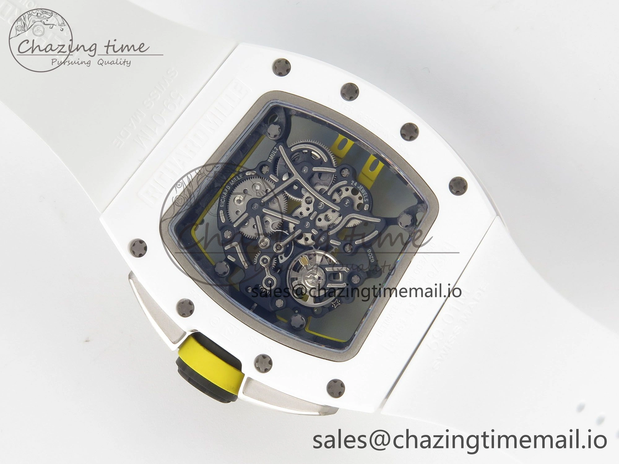 AllSeason RM061 White Ceramic APSF 1:1 Best Edition Yellow Green Skeleton Dial on White Rubber Strap RMUL2 Super Clone 9169