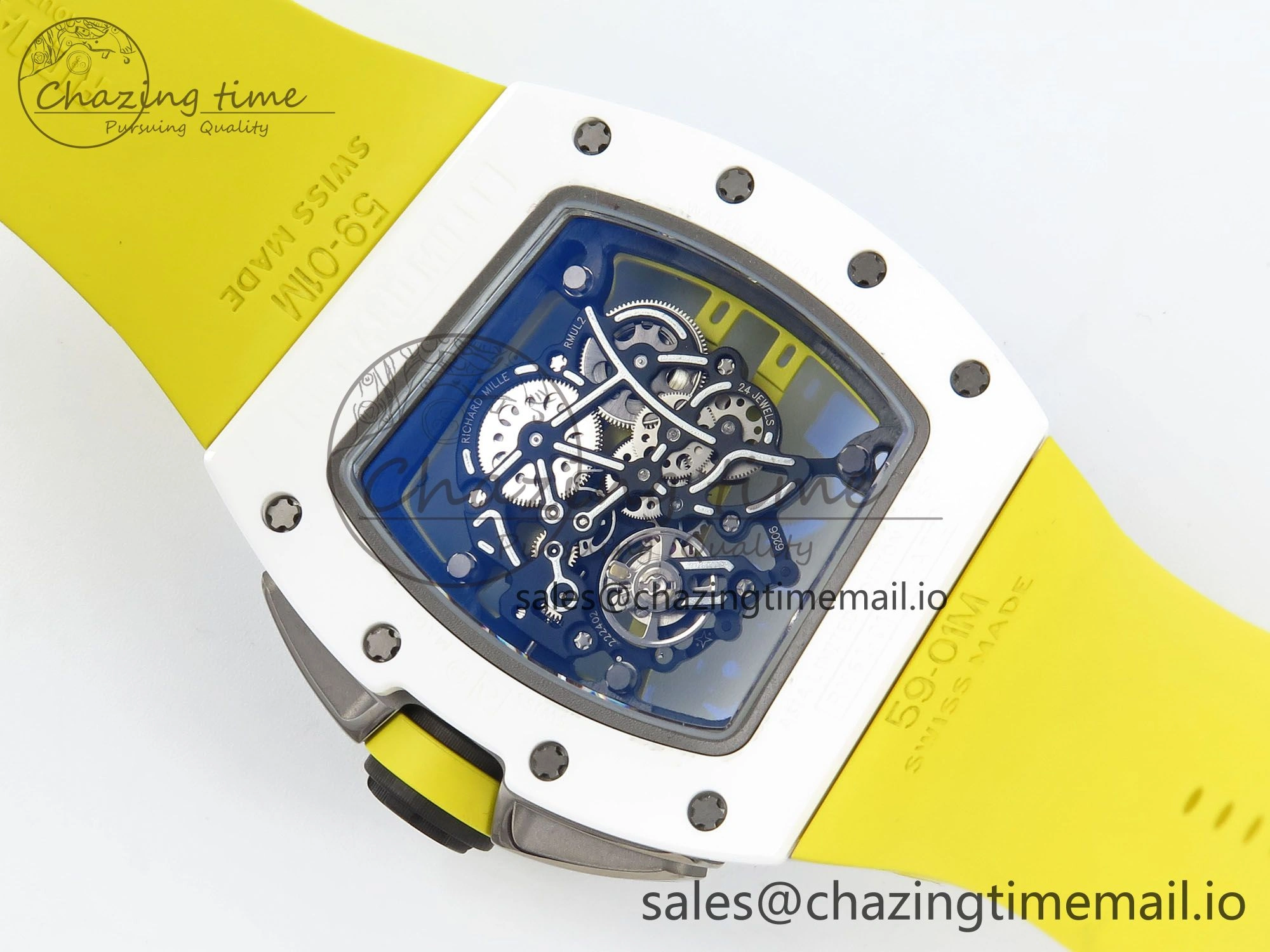 RM061 White Ceramic ZF 1:1 Best Edition on Yellow Rubber Strap RMUL2 Super Clone ComfortFit 9190