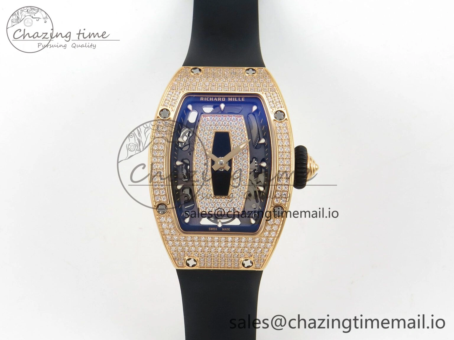 Bright RM07 Ladies Full Diamonds RG ZF 1:1 Best Edition Black Dial on Black Rubber Strap CRMA2 Clone 9151
