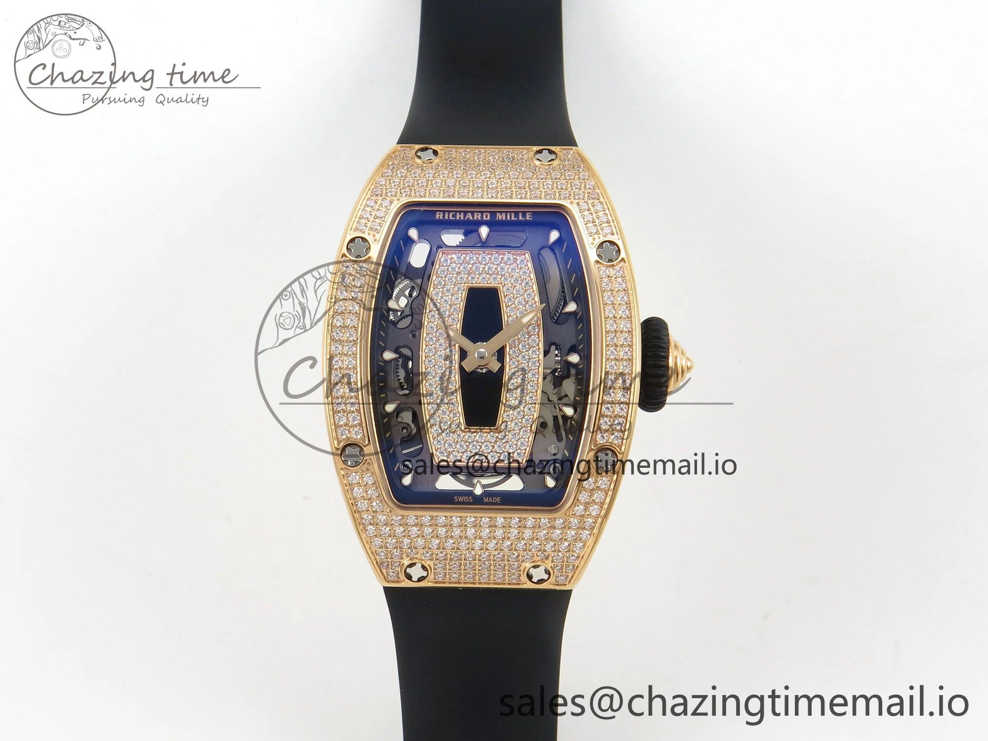 Bright RM07 Ladies Full Diamonds RG ZF 1:1 Best Edition Black Dial on Black Rubber Strap CRMA2 Clone 9151