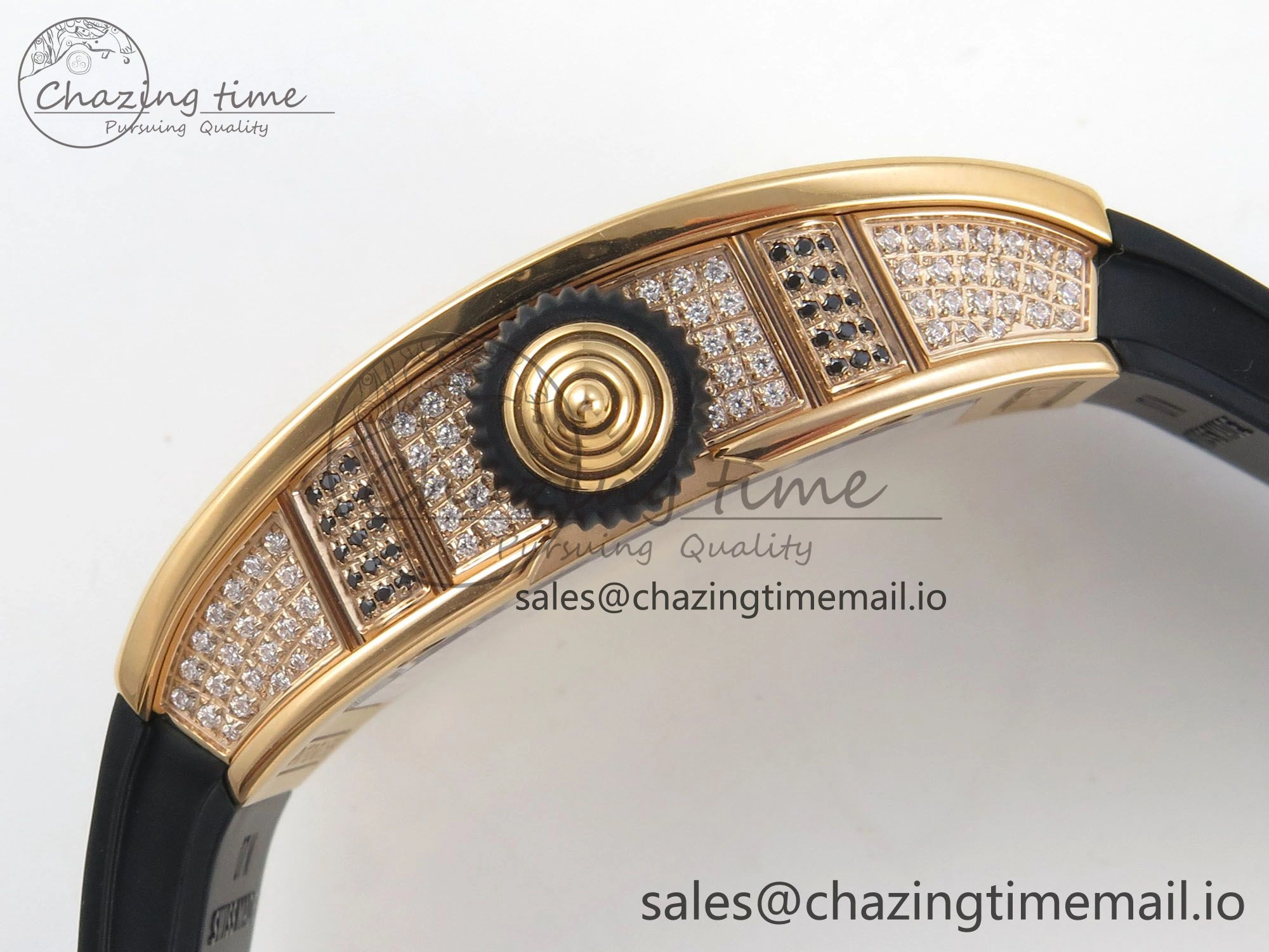 Bright RM07 Ladies Full Diamonds RG ZF 1:1 Best Edition Black Dial on Black Rubber Strap CRMA2 Clone 9151