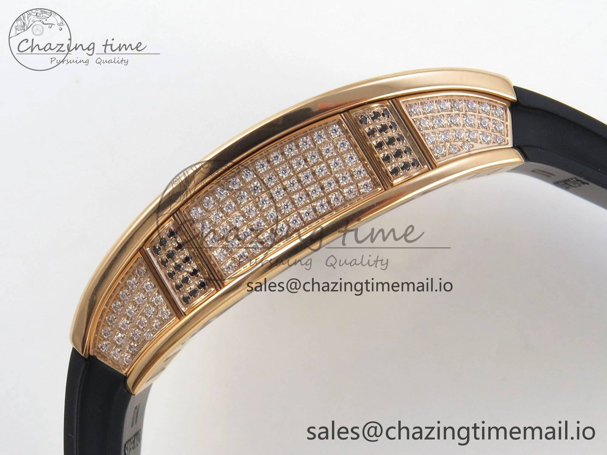 Bright RM07 Ladies Full Diamonds RG ZF 1:1 Best Edition Black Dial on Black Rubber Strap CRMA2 Clone 9151