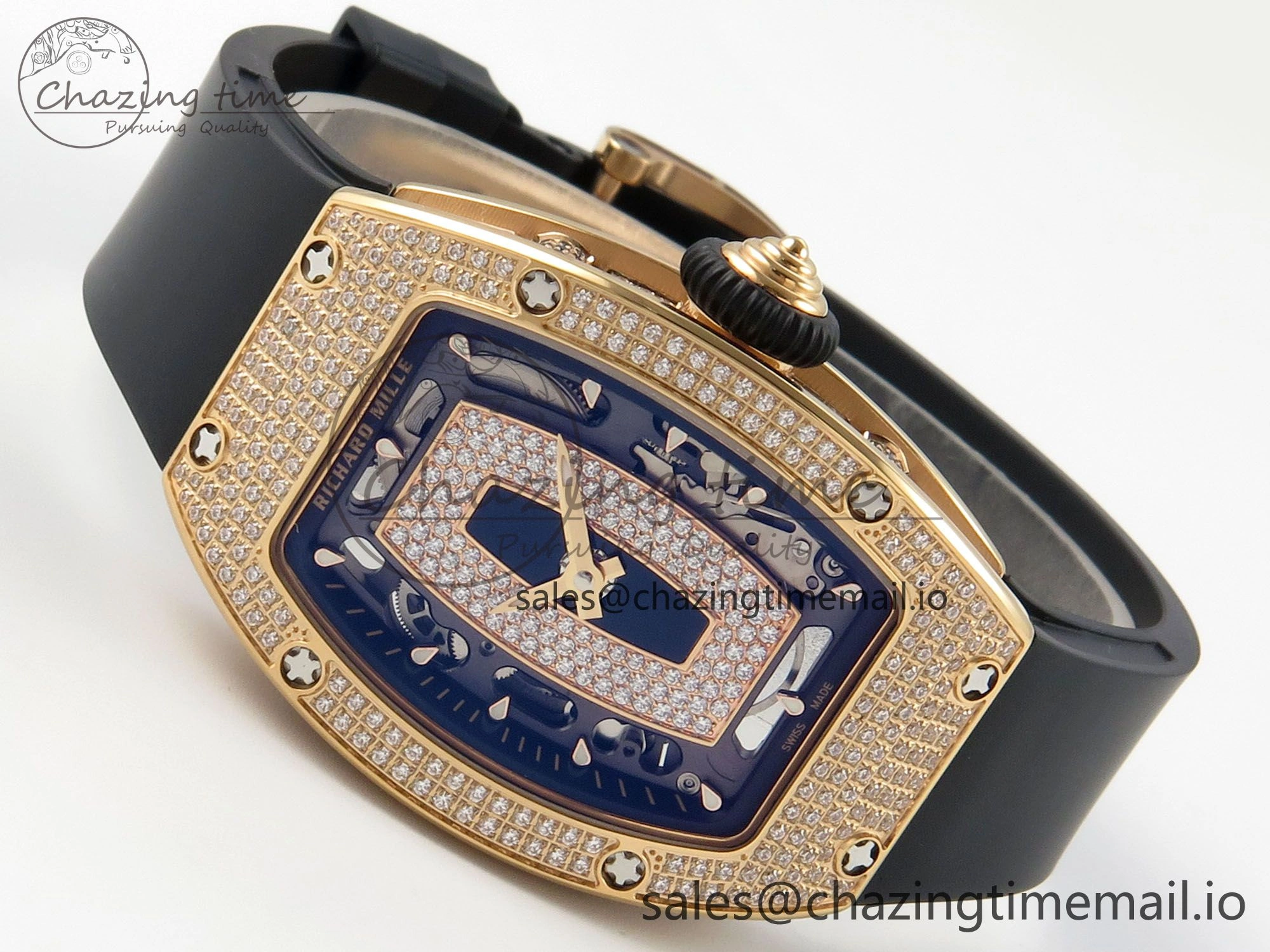 Bright RM07 Ladies Full Diamonds RG ZF 1:1 Best Edition Black Dial on Black Rubber Strap CRMA2 Clone 9151
