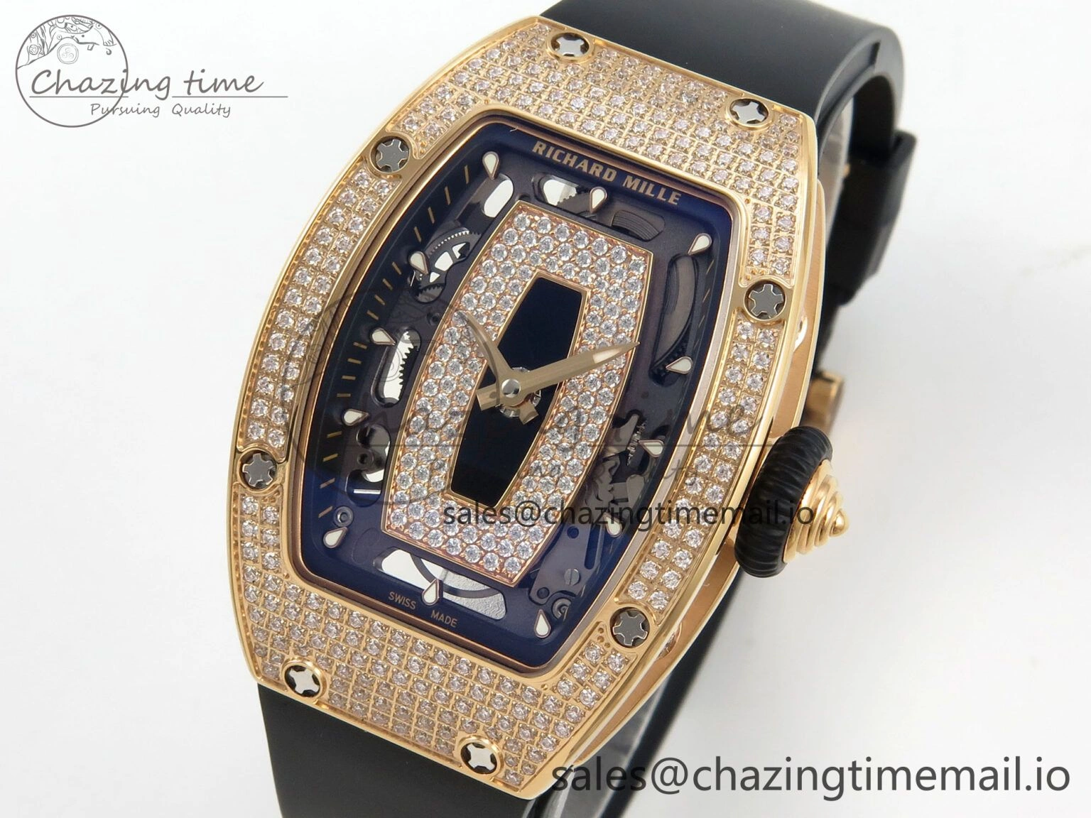 Bright RM07 Ladies Full Diamonds RG ZF 1:1 Best Edition Black Dial on Black Rubber Strap CRMA2 Clone 9151
