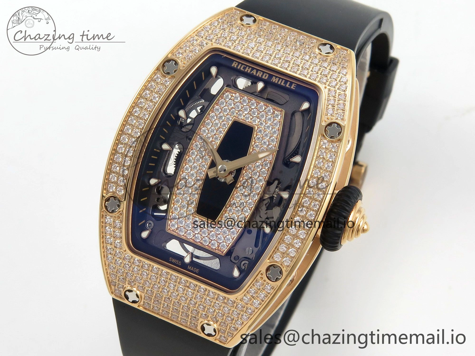 Bright RM07 Ladies Full Diamonds RG ZF 1:1 Best Edition Black Dial on Black Rubber Strap CRMA2 Clone 9151