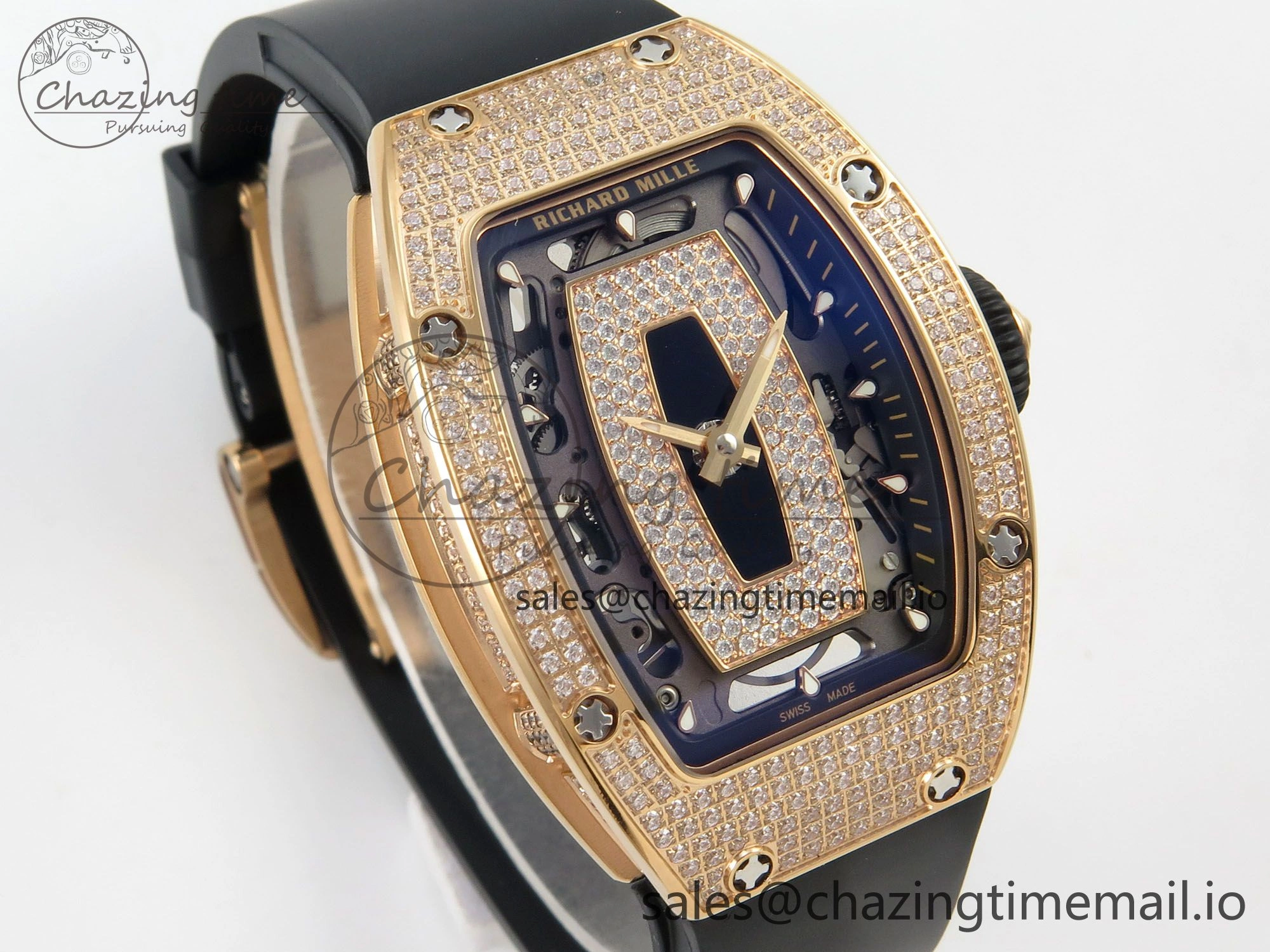 Bright RM07 Ladies Full Diamonds RG ZF 1:1 Best Edition Black Dial on Black Rubber Strap CRMA2 Clone 9151