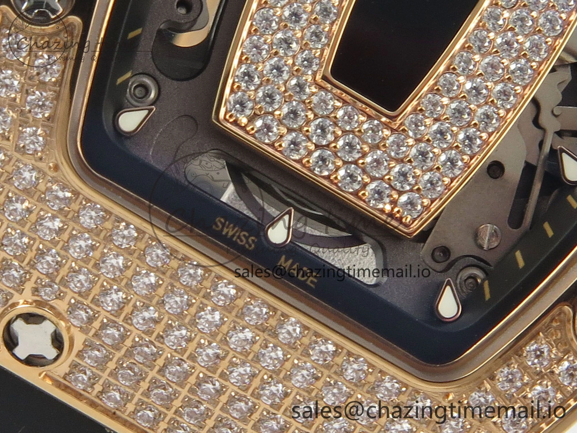 Bright RM07 Ladies Full Diamonds RG ZF 1:1 Best Edition Black Dial on Black Rubber Strap CRMA2 Clone 9151