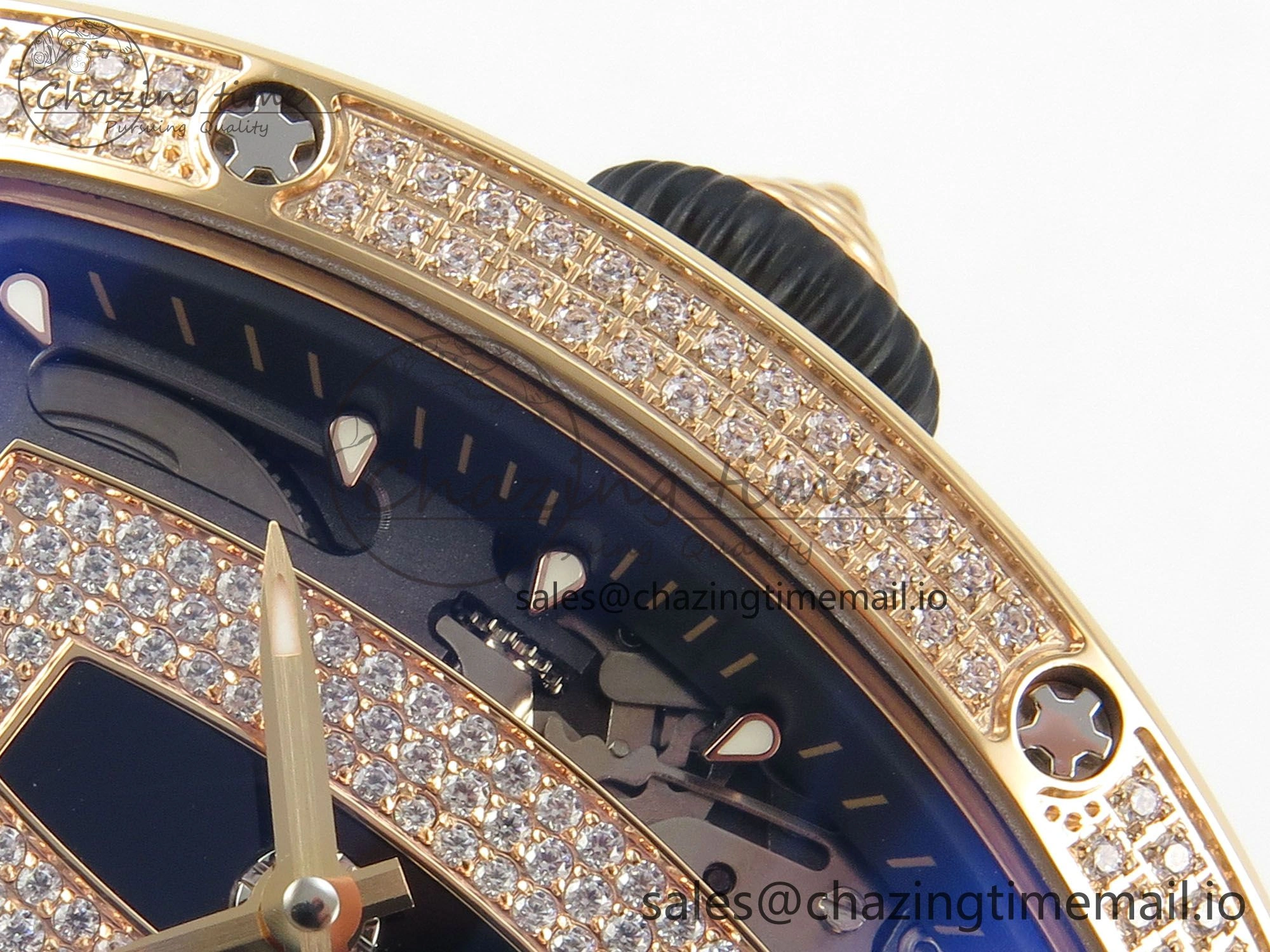 Bright RM07 Ladies Full Diamonds RG ZF 1:1 Best Edition Black Dial on Black Rubber Strap CRMA2 Clone 9151