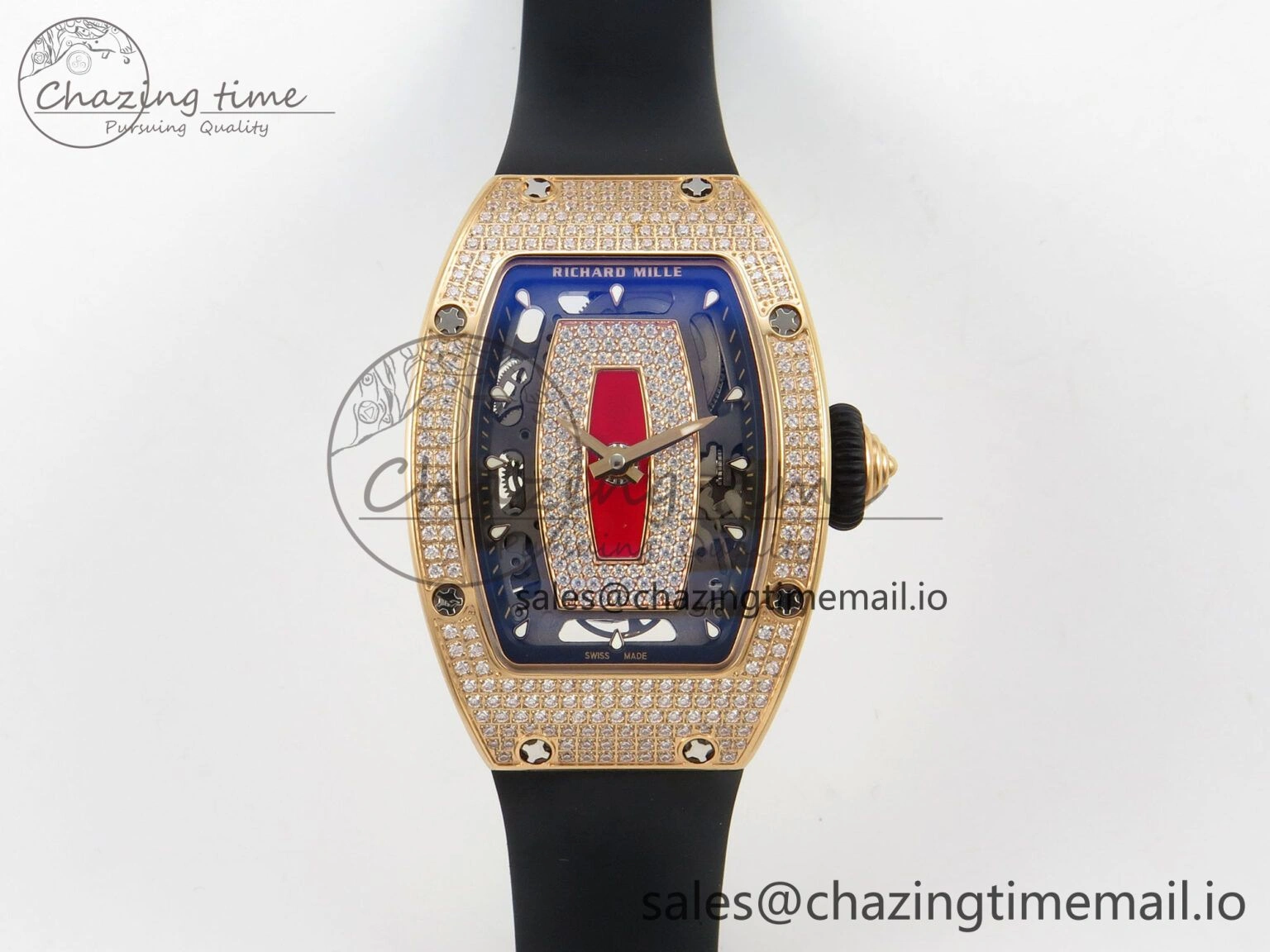 RM07 Ladies Full Diamonds RG ZF 1:1 Best Edition Red Dial on Black Rubber Strap CRMA2 Clone Effortless 9150