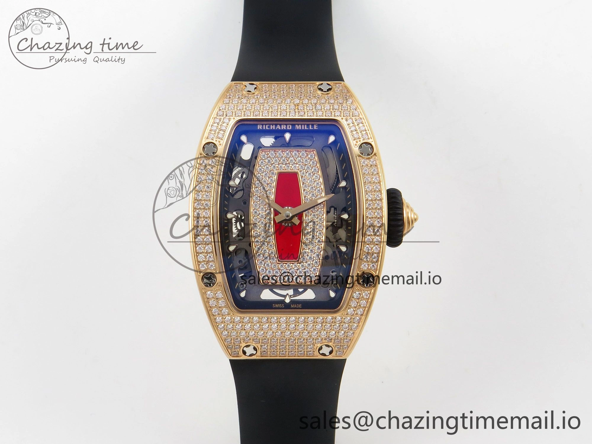 RM07 Ladies Full Diamonds RG ZF 1:1 Best Edition Red Dial on Black Rubber Strap CRMA2 Clone Effortless 9150