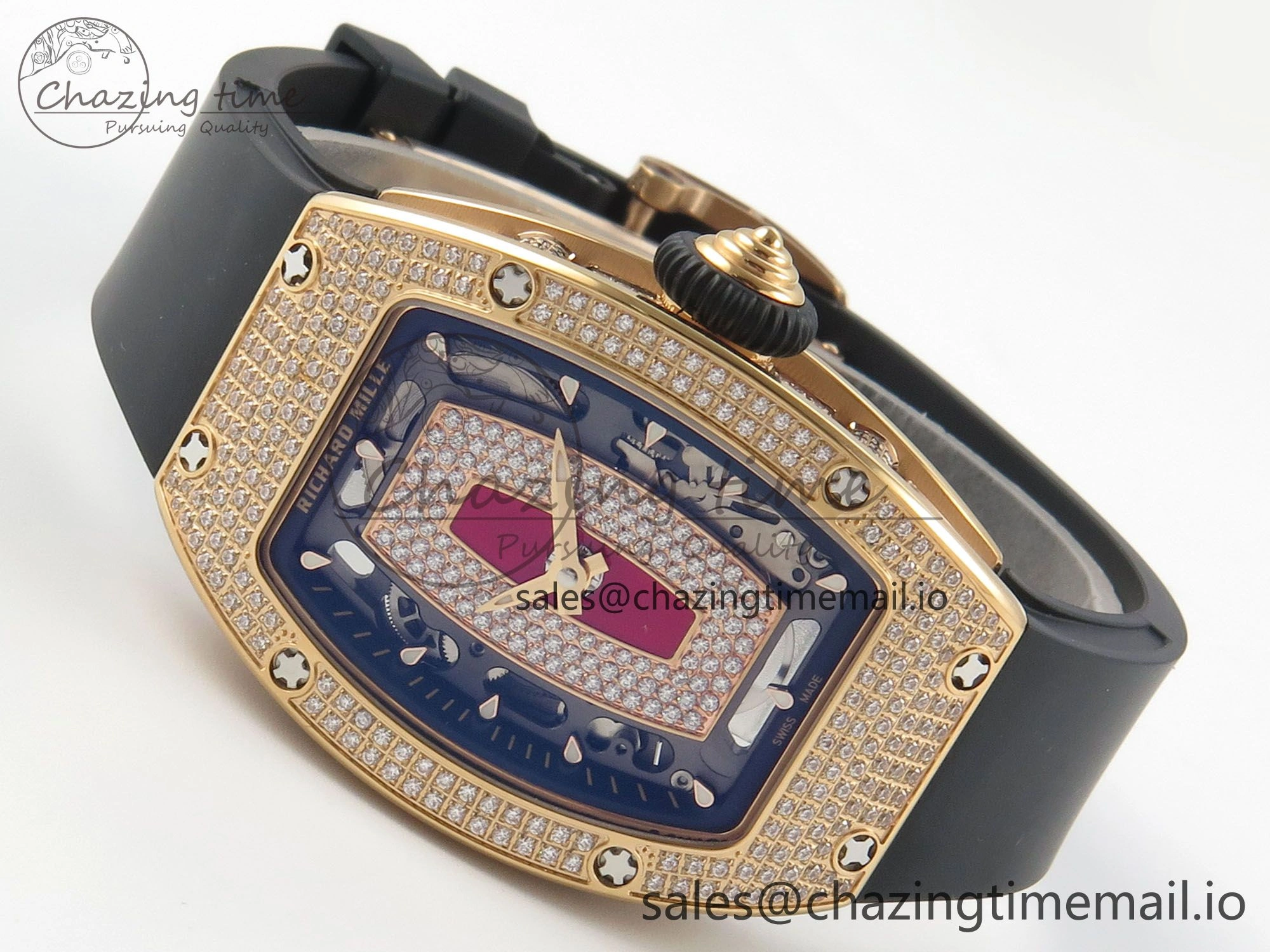 RM07 Ladies Full Diamonds RG ZF 1:1 Best Edition Red Dial on Black Rubber Strap CRMA2 Clone Effortless 9150