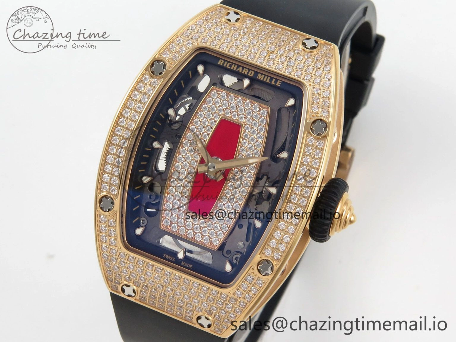 RM07 Ladies Full Diamonds RG ZF 1:1 Best Edition Red Dial on Black Rubber Strap CRMA2 Clone Effortless 9150
