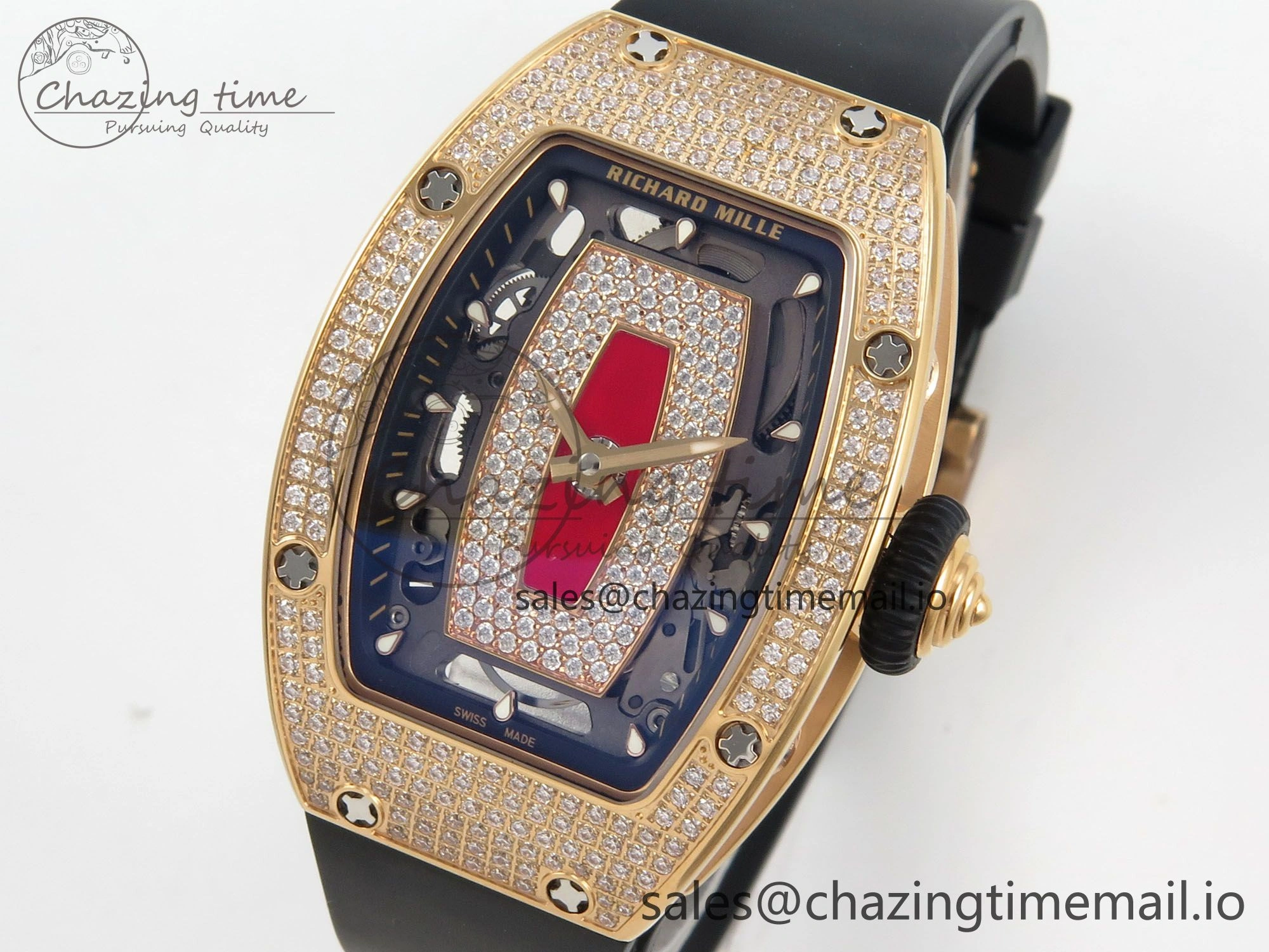 RM07 Ladies Full Diamonds RG ZF 1:1 Best Edition Red Dial on Black Rubber Strap CRMA2 Clone Effortless 9150