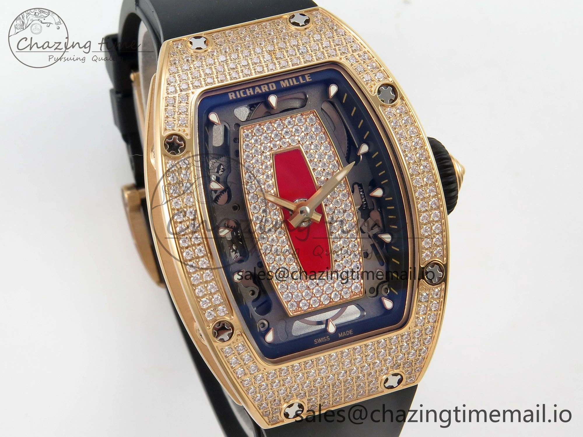 RM07 Ladies Full Diamonds RG ZF 1:1 Best Edition Red Dial on Black Rubber Strap CRMA2 Clone Effortless 9150