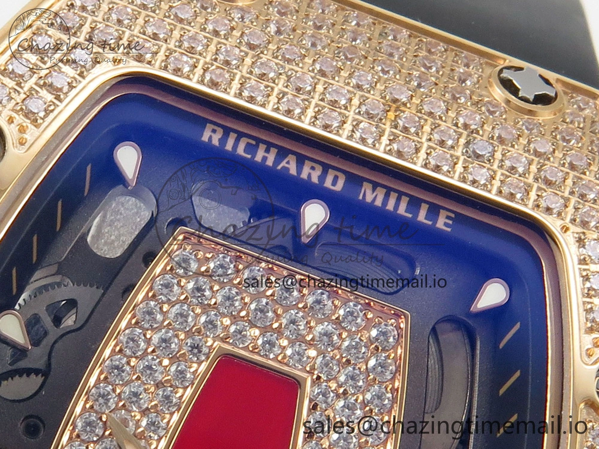 RM07 Ladies Full Diamonds RG ZF 1:1 Best Edition Red Dial on Black Rubber Strap CRMA2 Clone Effortless 9150