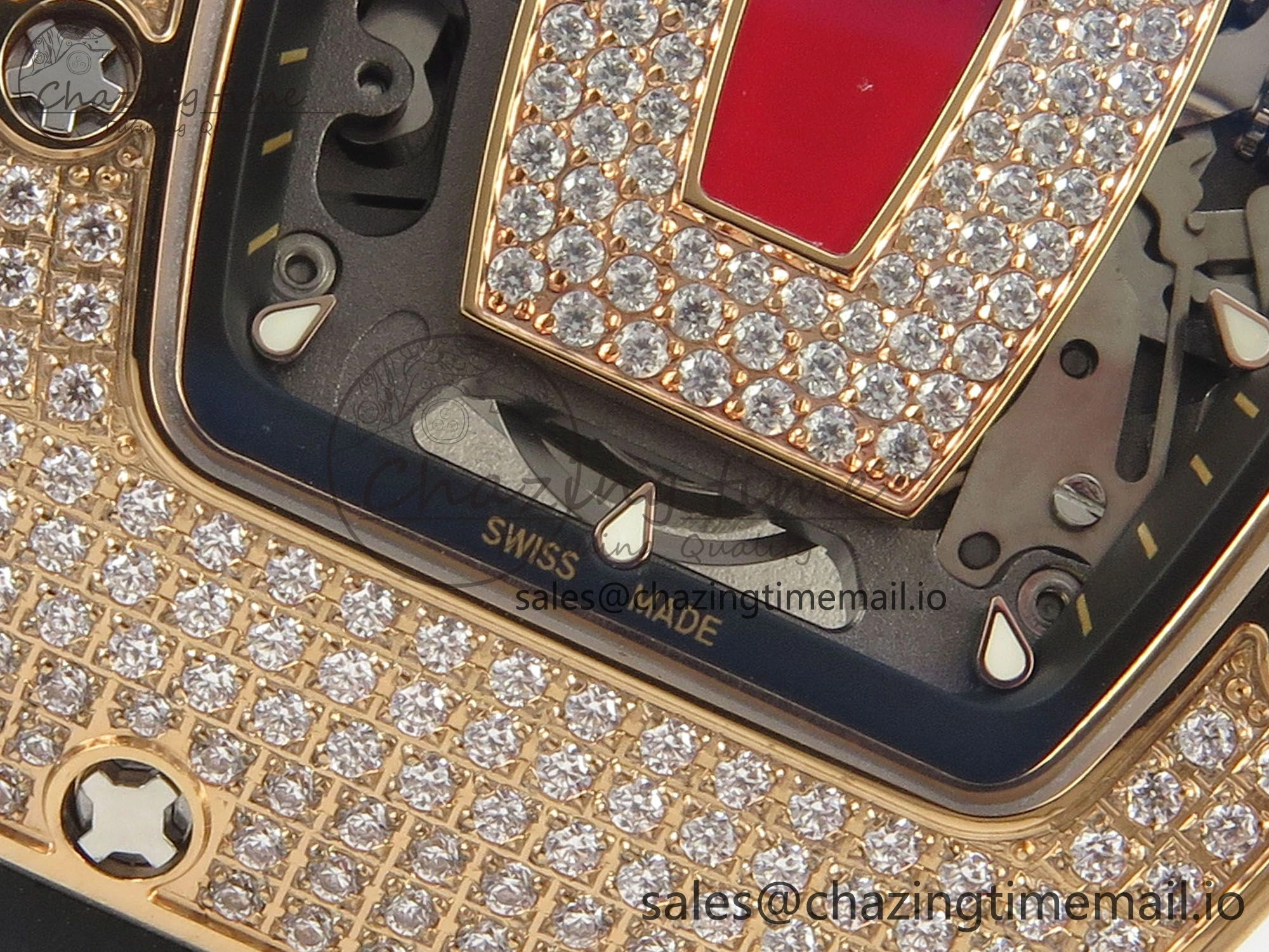 RM07 Ladies Full Diamonds RG ZF 1:1 Best Edition Red Dial on Black Rubber Strap CRMA2 Clone Effortless 9150