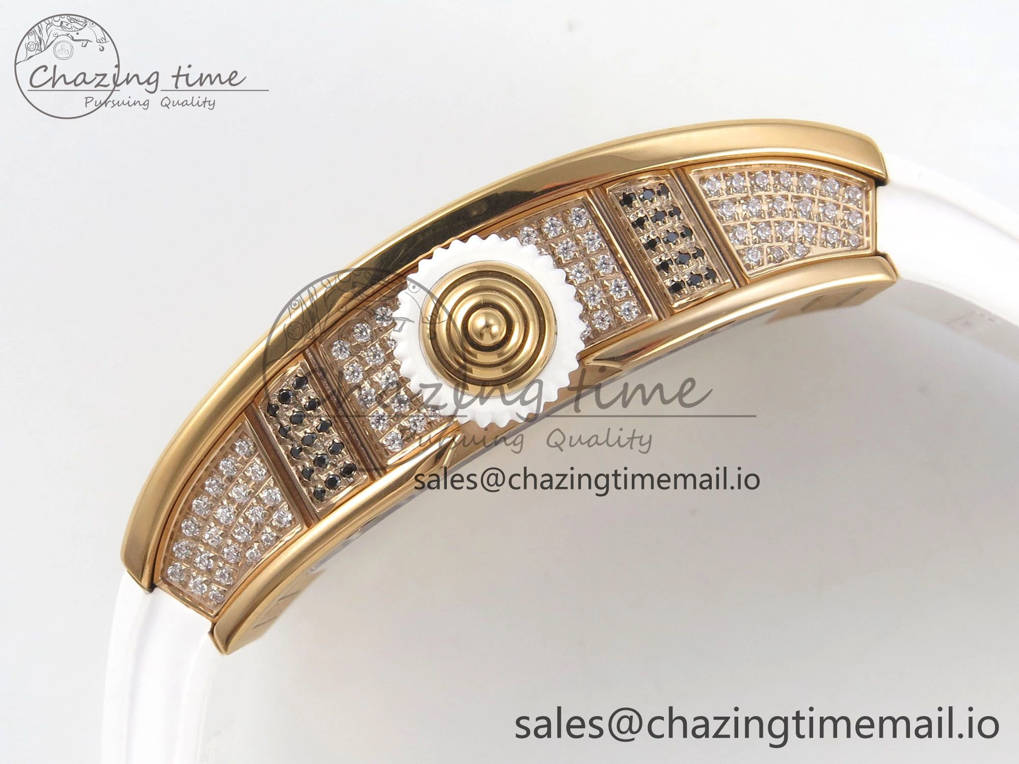 RM07 Ladies Full Diamonds RG ZF 1:1 Best Edition Red Dial on White Rubber Strap CRMA2 Clone RelaxedFit 9155