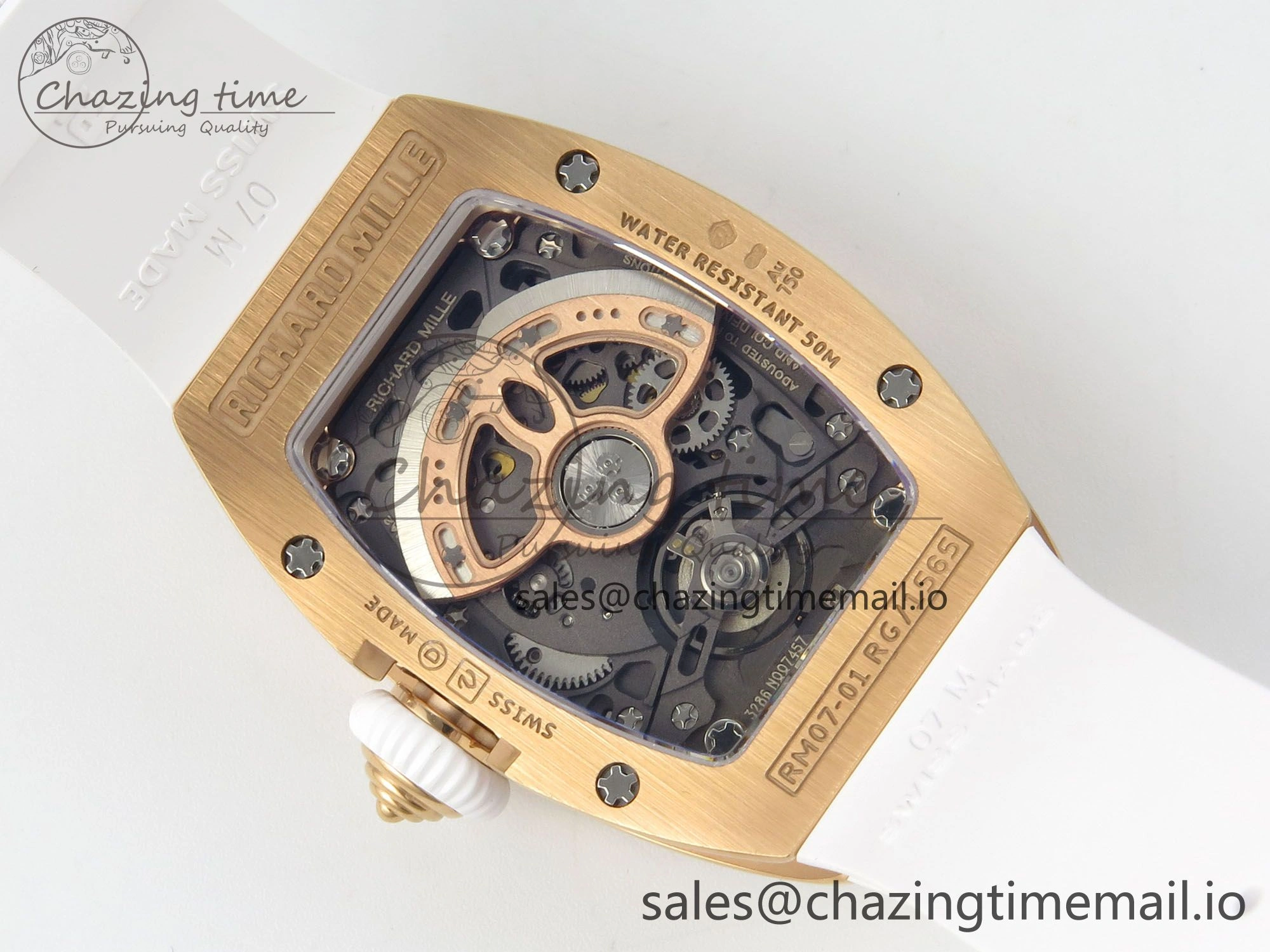 RM07 Ladies Full Diamonds RG ZF 1:1 Best Edition Red Dial on White Rubber Strap CRMA2 Clone RelaxedFit 9155