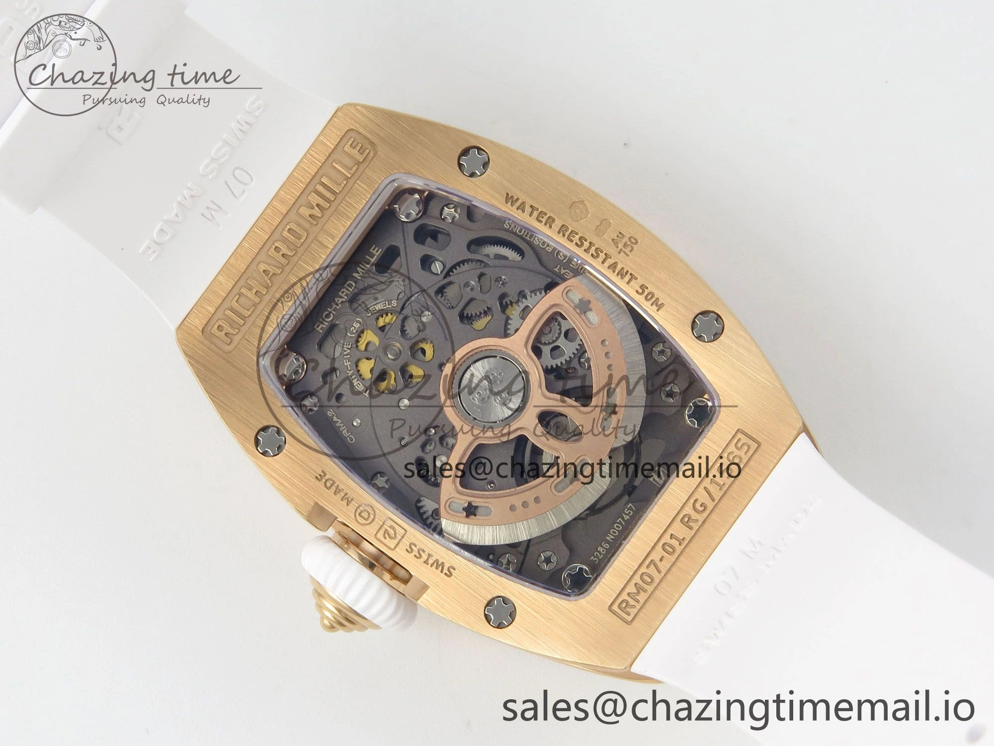 RM07 Ladies Full Diamonds RG ZF 1:1 Best Edition Red Dial on White Rubber Strap CRMA2 Clone RelaxedFit 9155