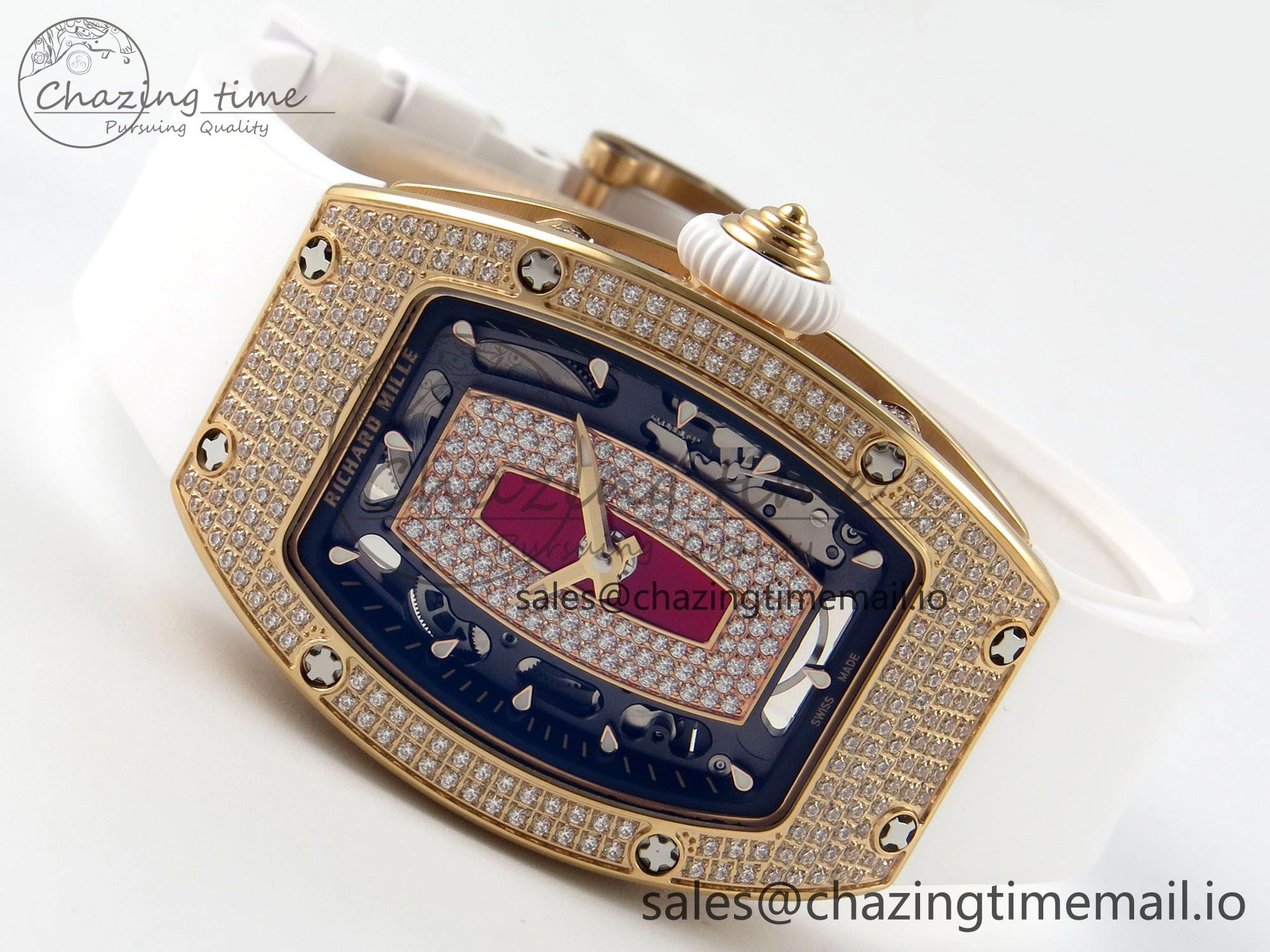 RM07 Ladies Full Diamonds RG ZF 1:1 Best Edition Red Dial on White Rubber Strap CRMA2 Clone RelaxedFit 9155