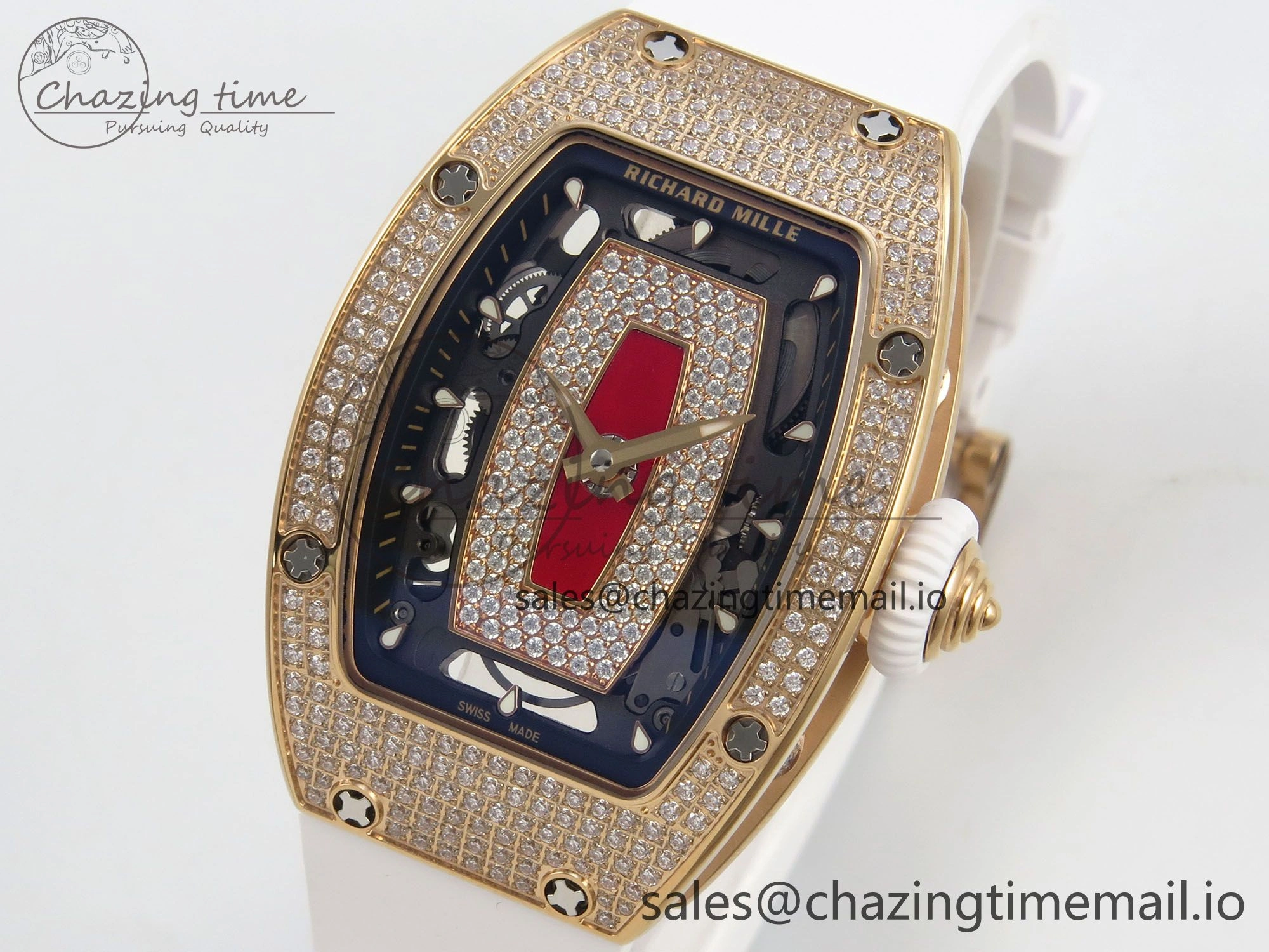 RM07 Ladies Full Diamonds RG ZF 1:1 Best Edition Red Dial on White Rubber Strap CRMA2 Clone RelaxedFit 9155