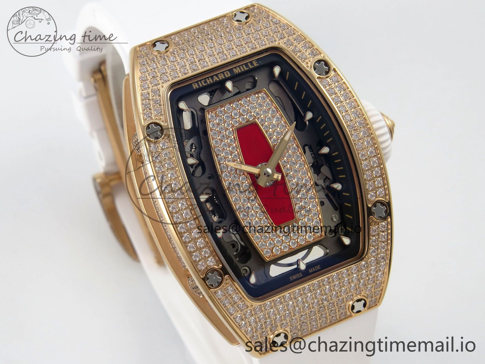 RM07 Ladies Full Diamonds RG ZF 1:1 Best Edition Red Dial on White Rubber Strap CRMA2 Clone RelaxedFit 9155