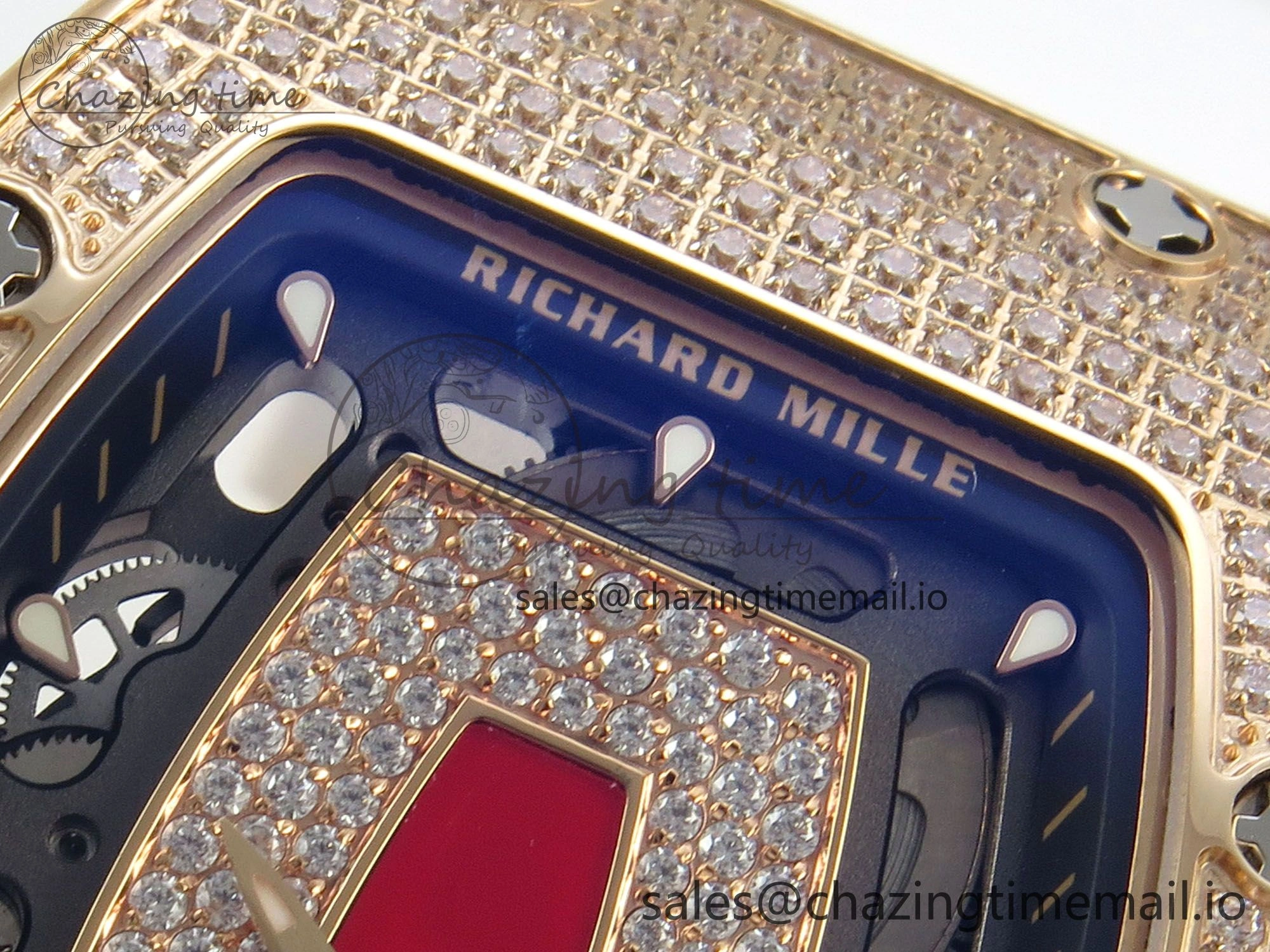 RM07 Ladies Full Diamonds RG ZF 1:1 Best Edition Red Dial on White Rubber Strap CRMA2 Clone RelaxedFit 9155