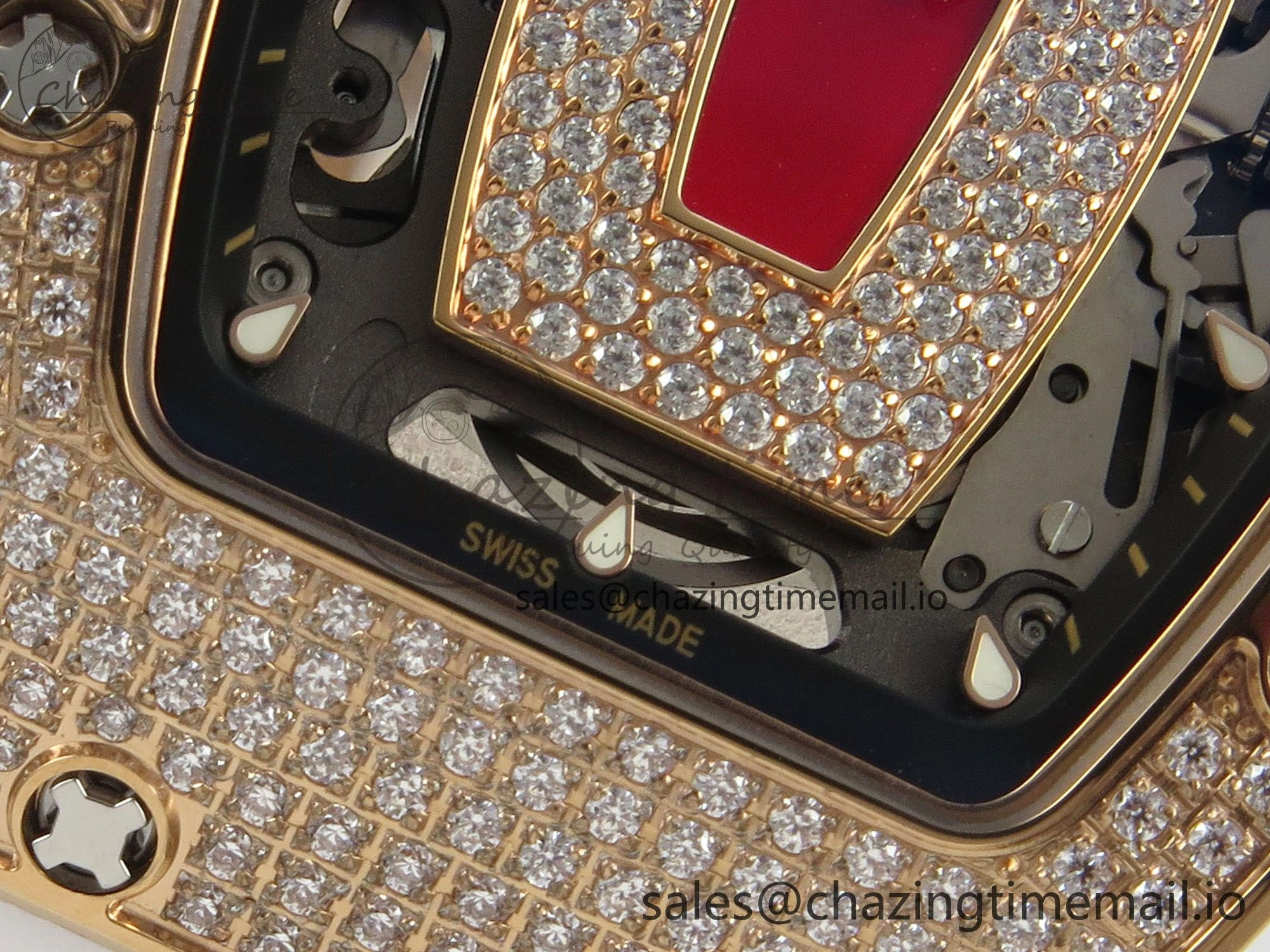 RM07 Ladies Full Diamonds RG ZF 1:1 Best Edition Red Dial on White Rubber Strap CRMA2 Clone RelaxedFit 9155