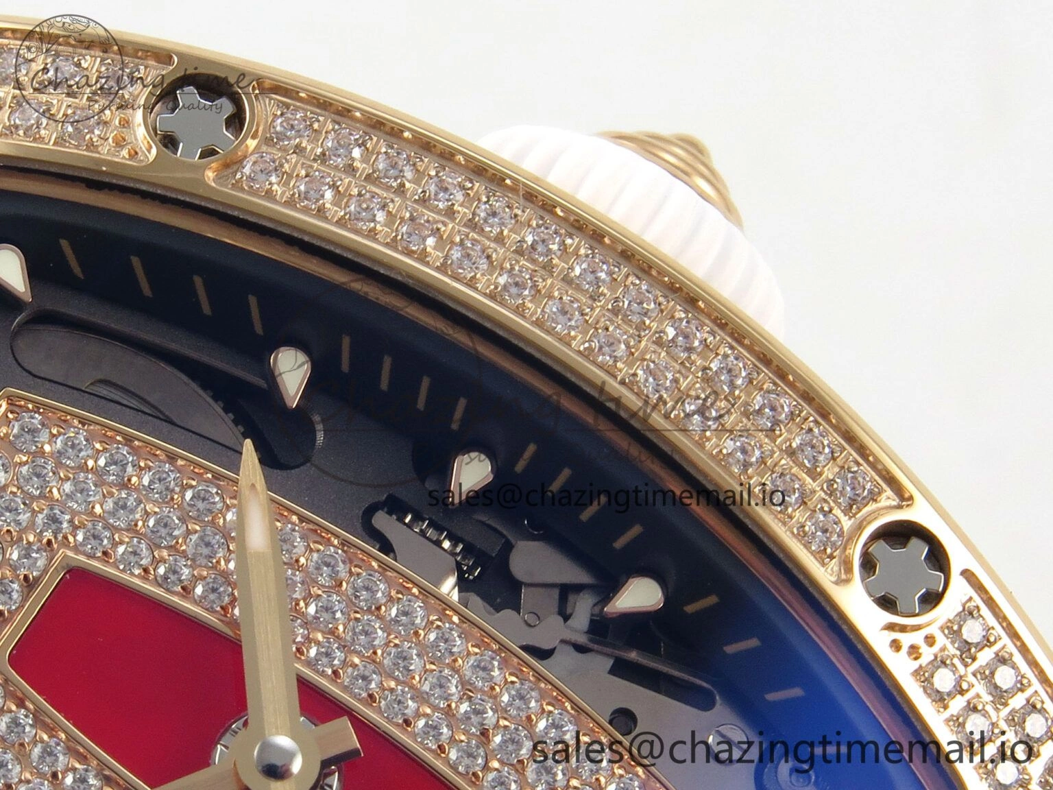 RM07 Ladies Full Diamonds RG ZF 1:1 Best Edition Red Dial on White Rubber Strap CRMA2 Clone RelaxedFit 9155