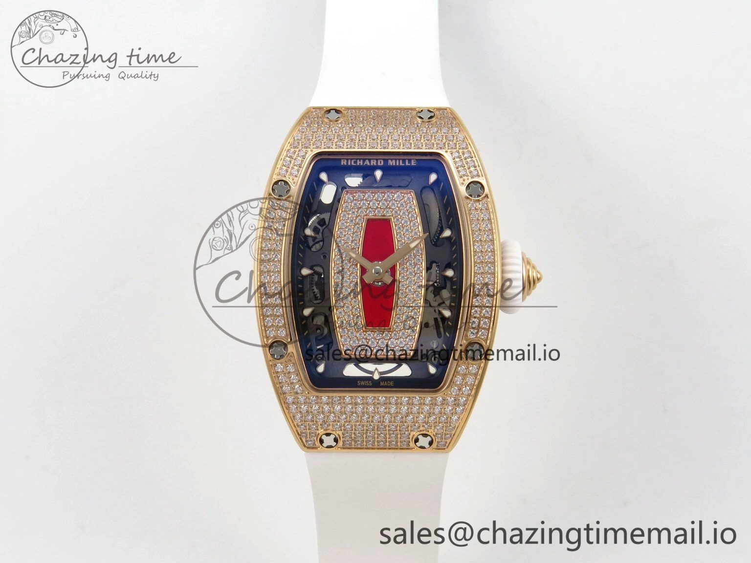 RM07 Ladies Full Diamonds RG ZF 1:1 Best Edition Red Dial on White Rubber Strap CRMA2 Clone RelaxedFit 9155