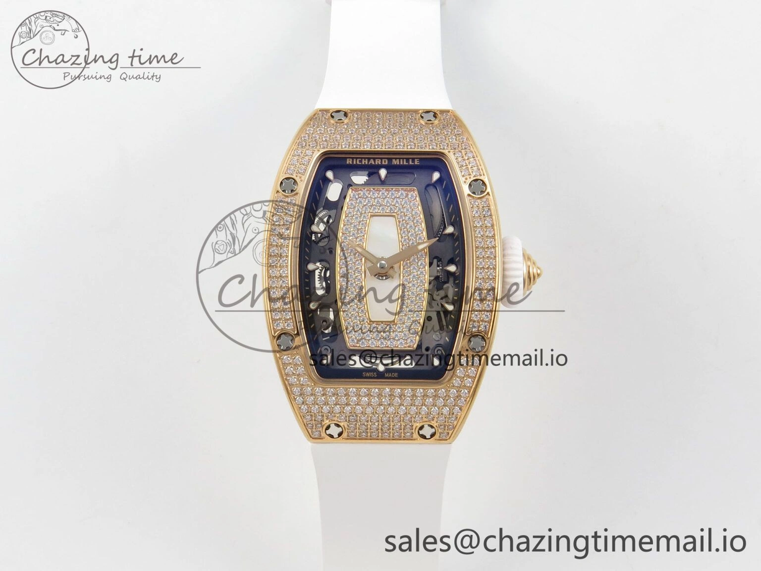 FlexibleFit RM07 Ladies Full Diamonds RG ZF 1:1 Best Edition White MOP Dial on White Rubber Strap CRMA2 Clone 9154