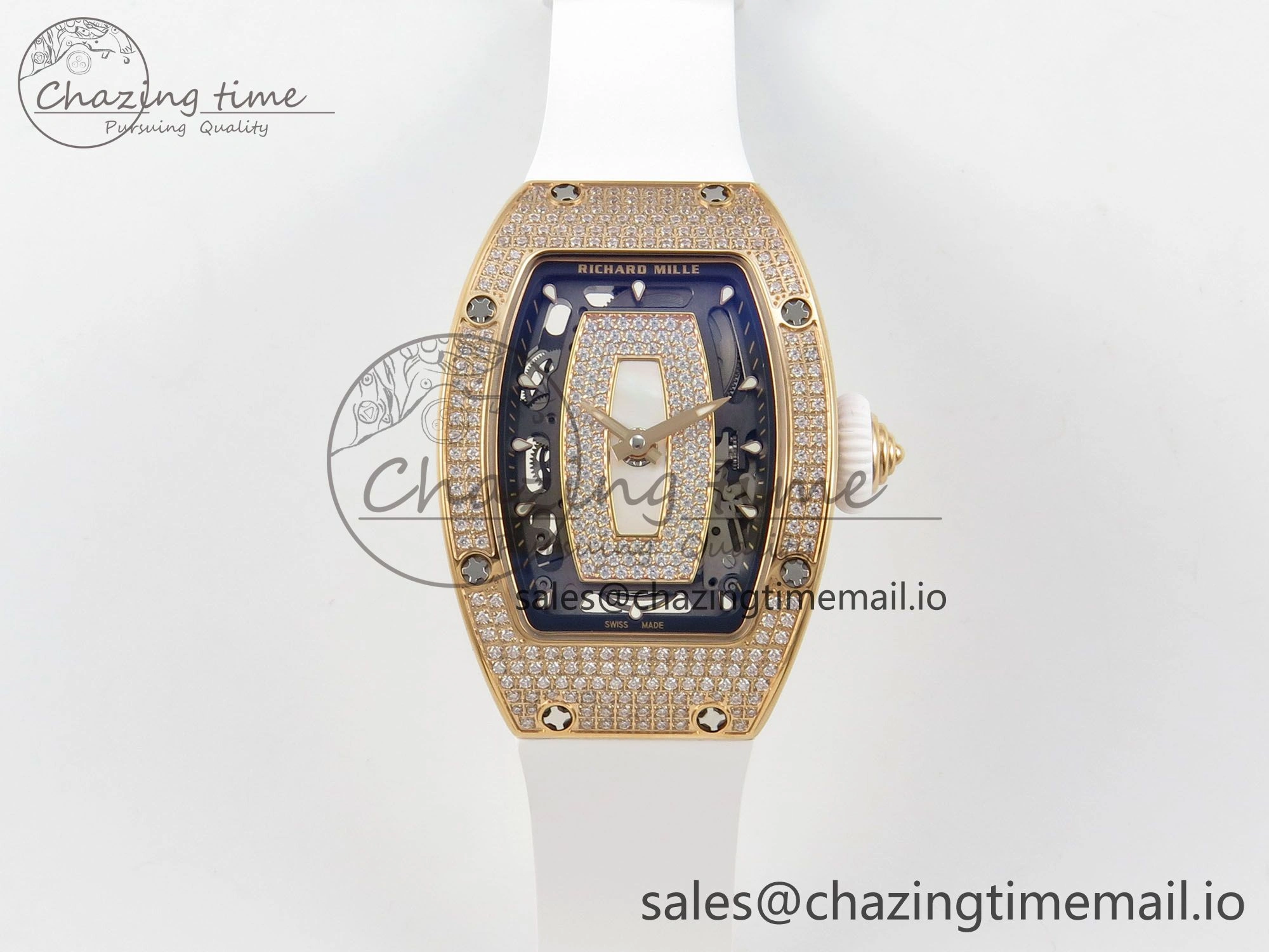 FlexibleFit RM07 Ladies Full Diamonds RG ZF 1:1 Best Edition White MOP Dial on White Rubber Strap CRMA2 Clone 9154