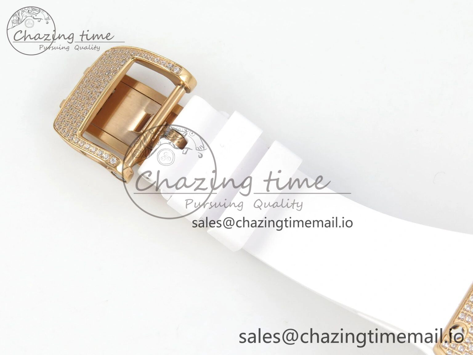FlexibleFit RM07 Ladies Full Diamonds RG ZF 1:1 Best Edition White MOP Dial on White Rubber Strap CRMA2 Clone 9154