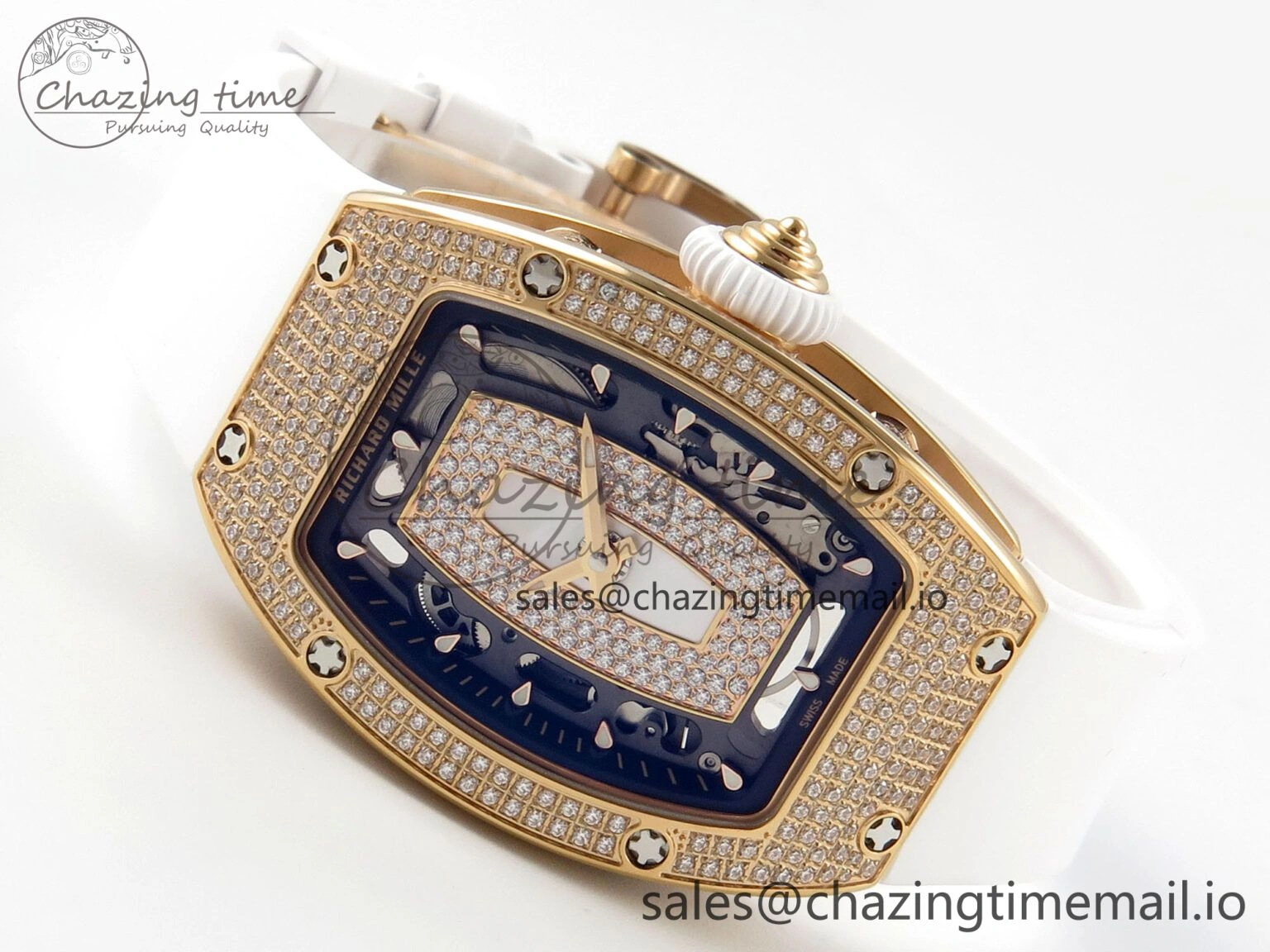 FlexibleFit RM07 Ladies Full Diamonds RG ZF 1:1 Best Edition White MOP Dial on White Rubber Strap CRMA2 Clone 9154
