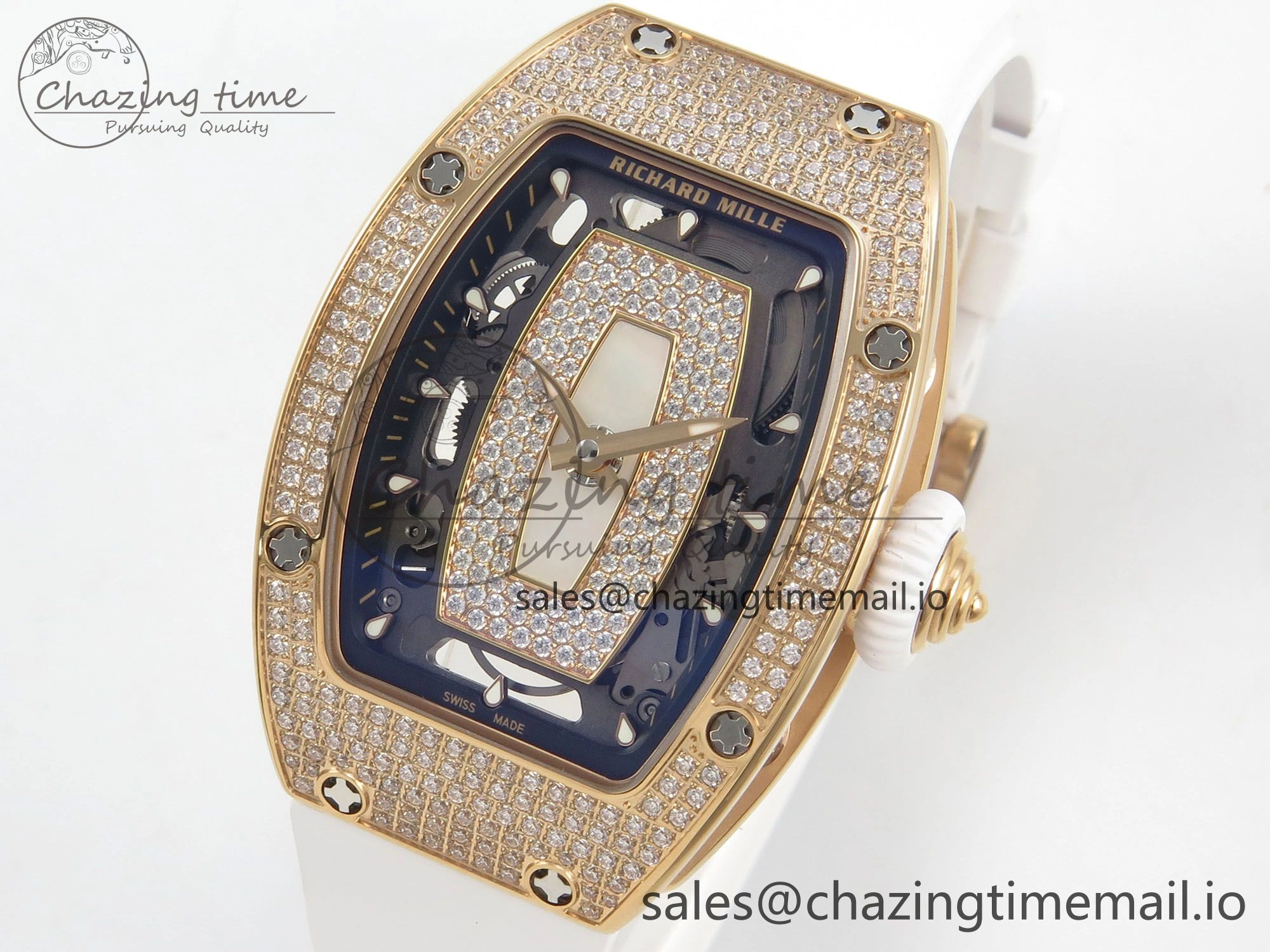 FlexibleFit RM07 Ladies Full Diamonds RG ZF 1:1 Best Edition White MOP Dial on White Rubber Strap CRMA2 Clone 9154