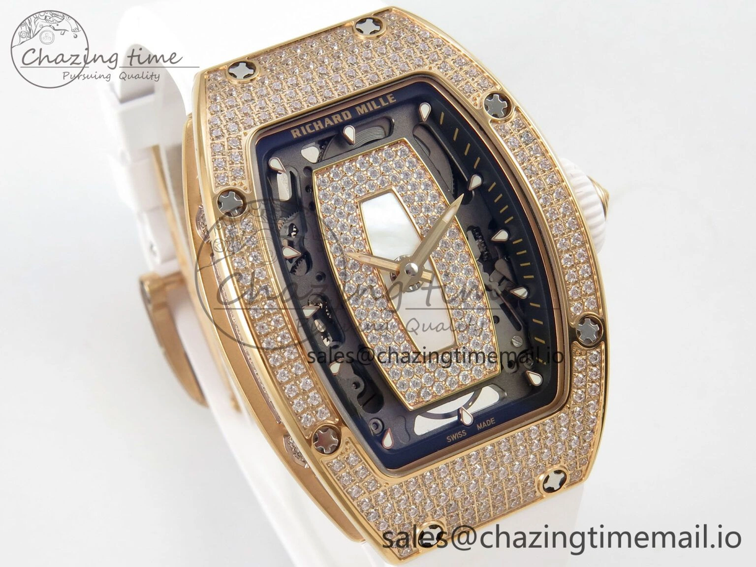 FlexibleFit RM07 Ladies Full Diamonds RG ZF 1:1 Best Edition White MOP Dial on White Rubber Strap CRMA2 Clone 9154