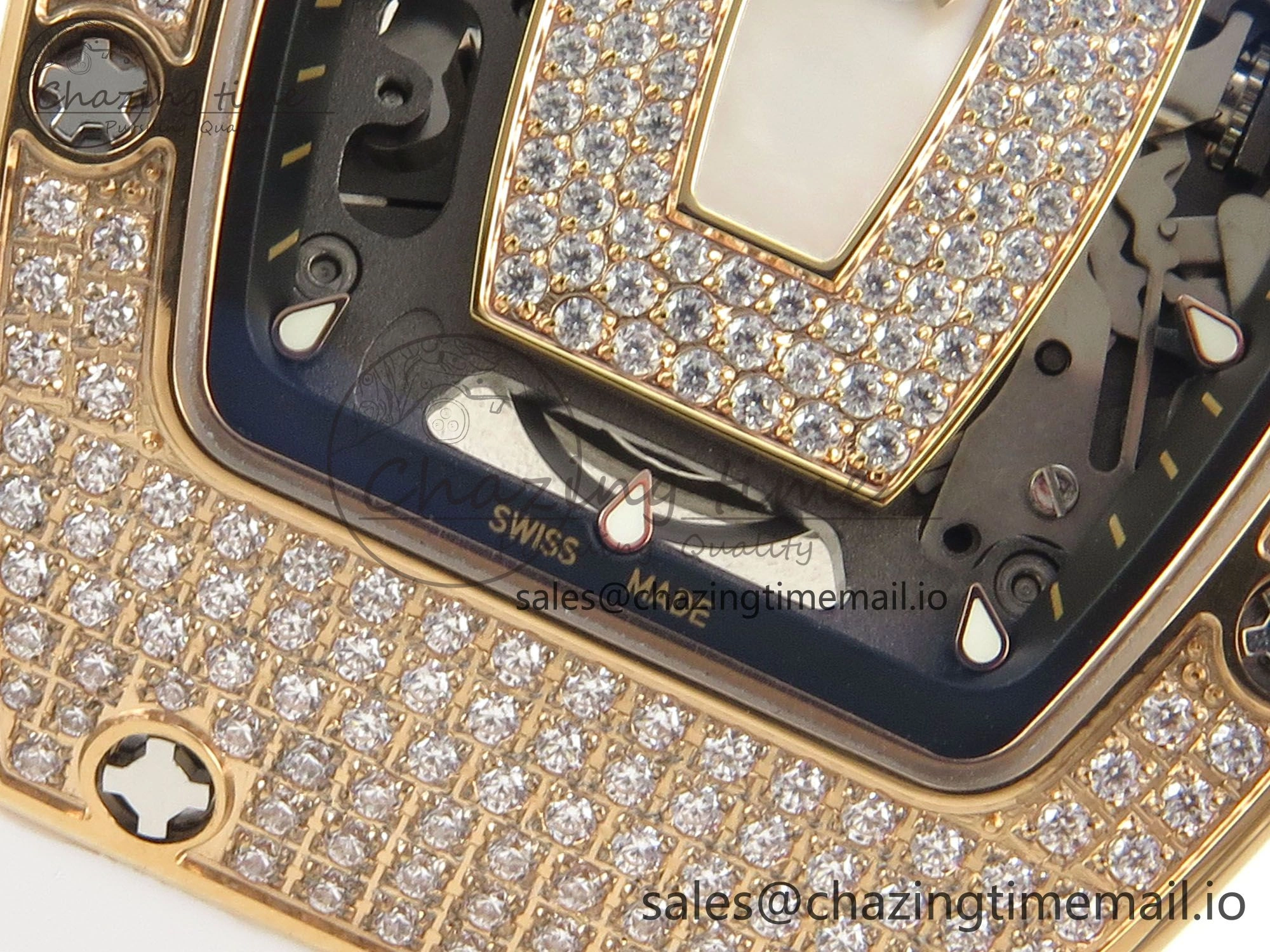 FlexibleFit RM07 Ladies Full Diamonds RG ZF 1:1 Best Edition White MOP Dial on White Rubber Strap CRMA2 Clone 9154
