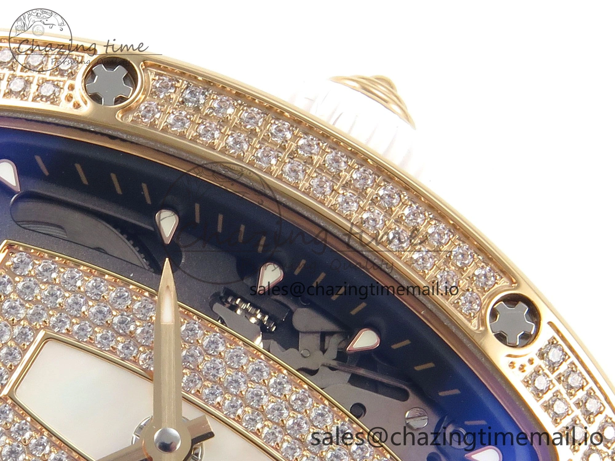 FlexibleFit RM07 Ladies Full Diamonds RG ZF 1:1 Best Edition White MOP Dial on White Rubber Strap CRMA2 Clone 9154