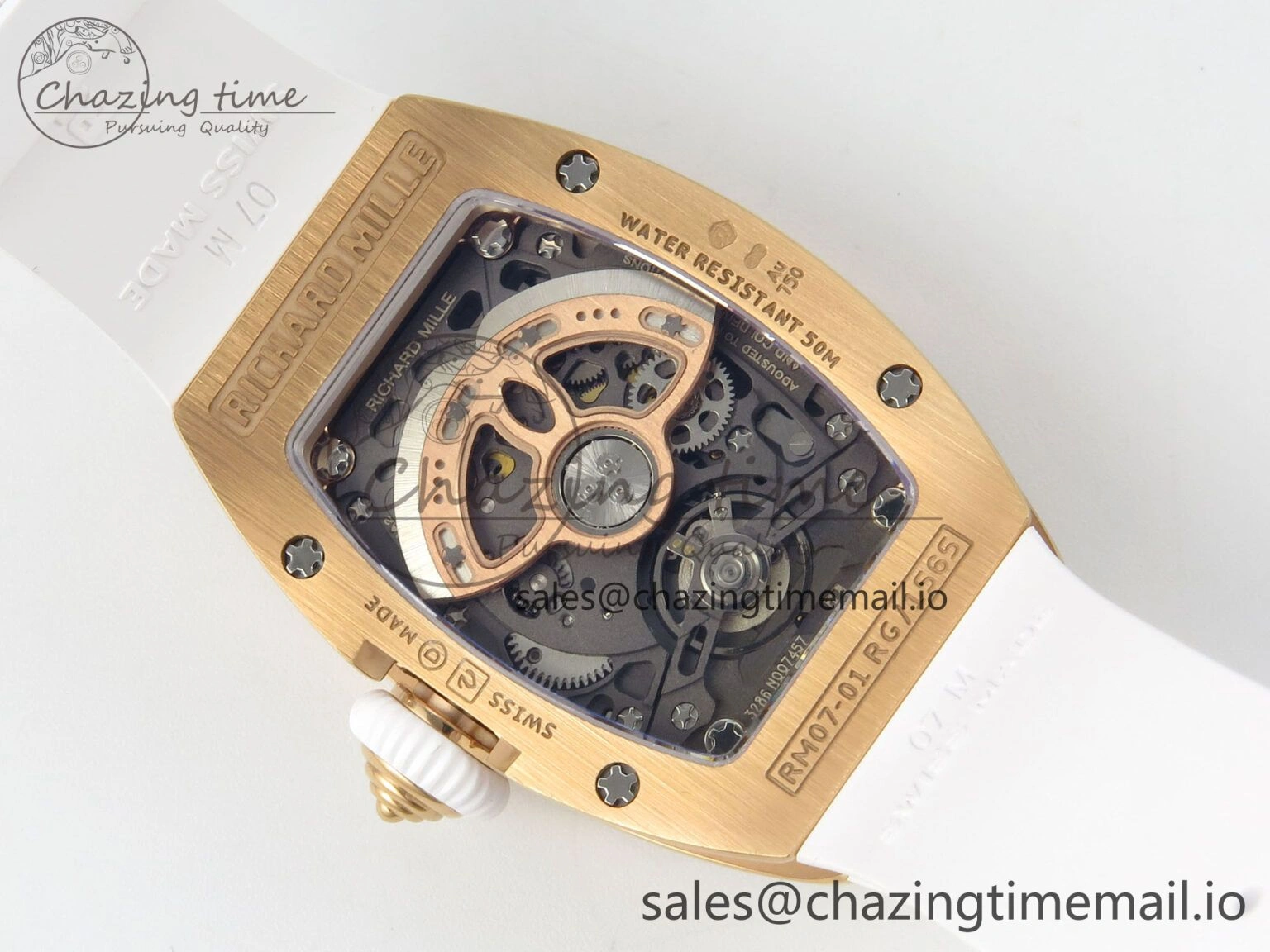 FlexibleFit RM07 Ladies Full Diamonds RG ZF 1:1 Best Edition White MOP Dial on White Rubber Strap CRMA2 Clone 9154