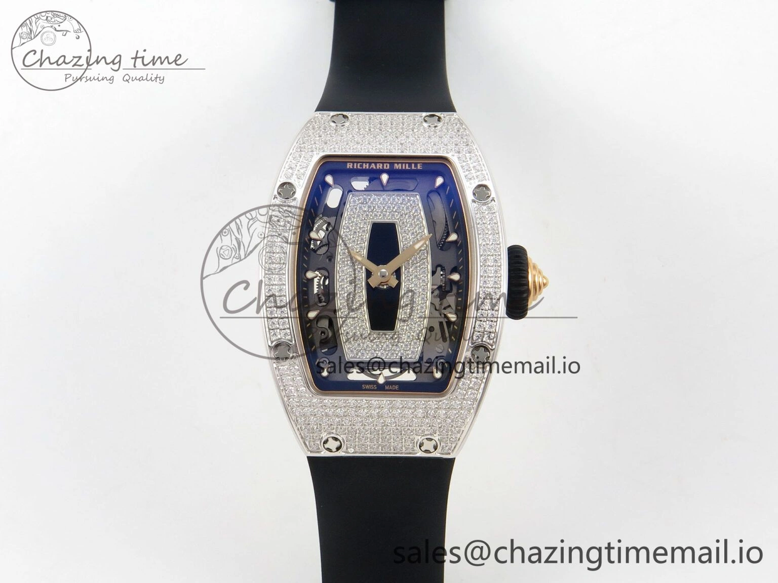 TopPick RM07 Ladies Full Diamonds SS ZF 1:1 Best Edition Black Dial on Black Rubber Strap CRMA2 Clone 9152