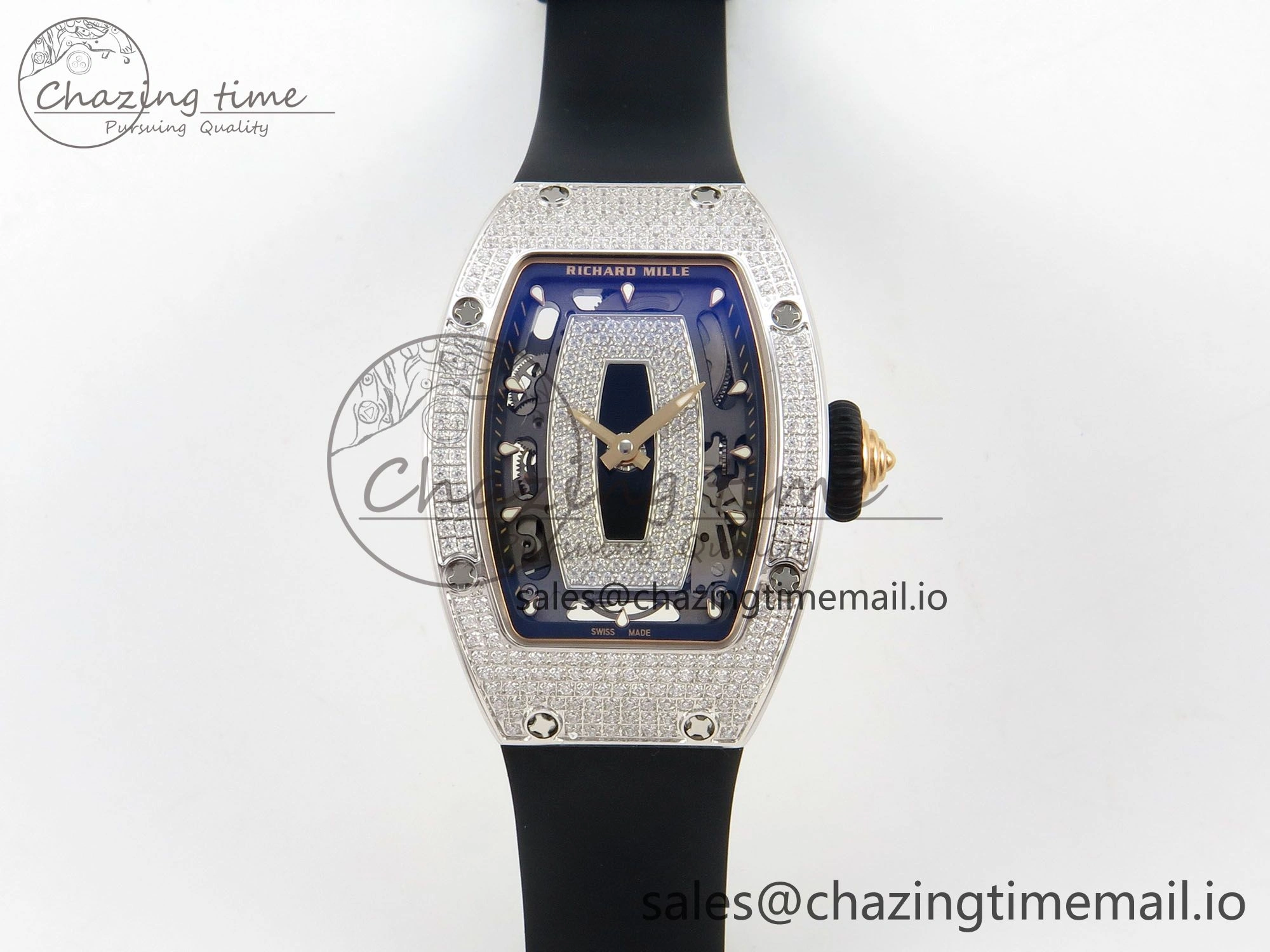 TopPick RM07 Ladies Full Diamonds SS ZF 1:1 Best Edition Black Dial on Black Rubber Strap CRMA2 Clone 9152