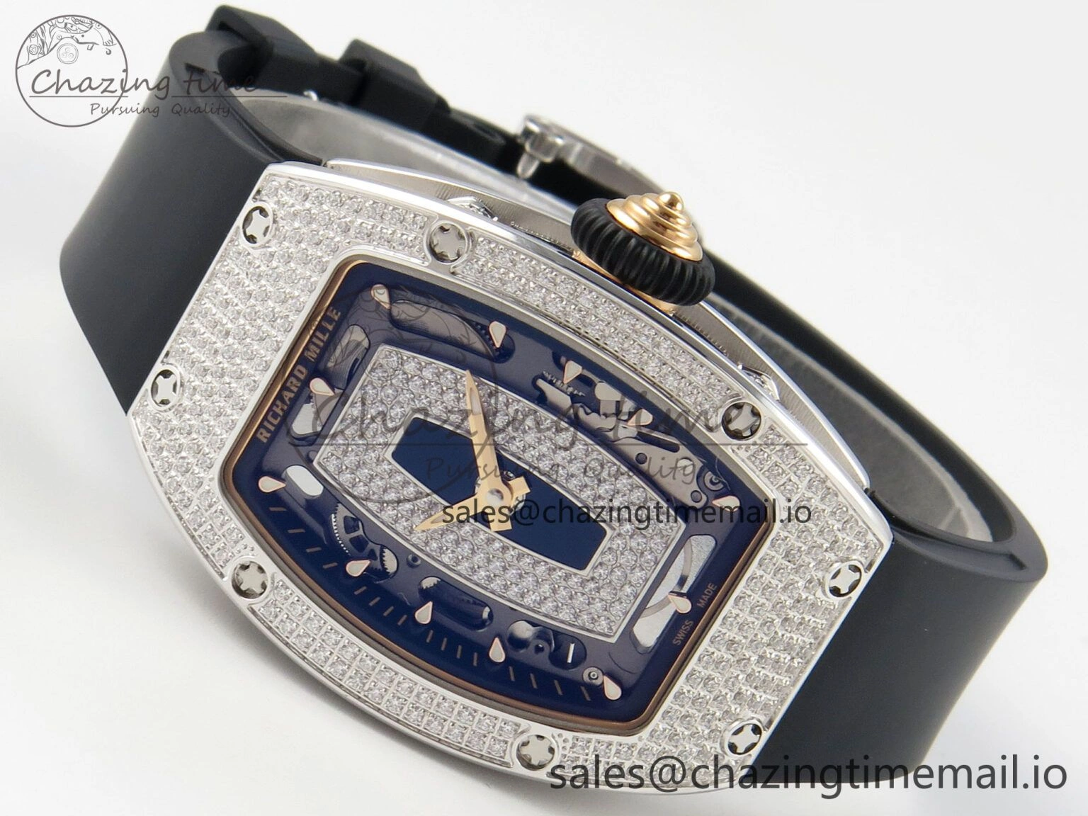 TopPick RM07 Ladies Full Diamonds SS ZF 1:1 Best Edition Black Dial on Black Rubber Strap CRMA2 Clone 9152
