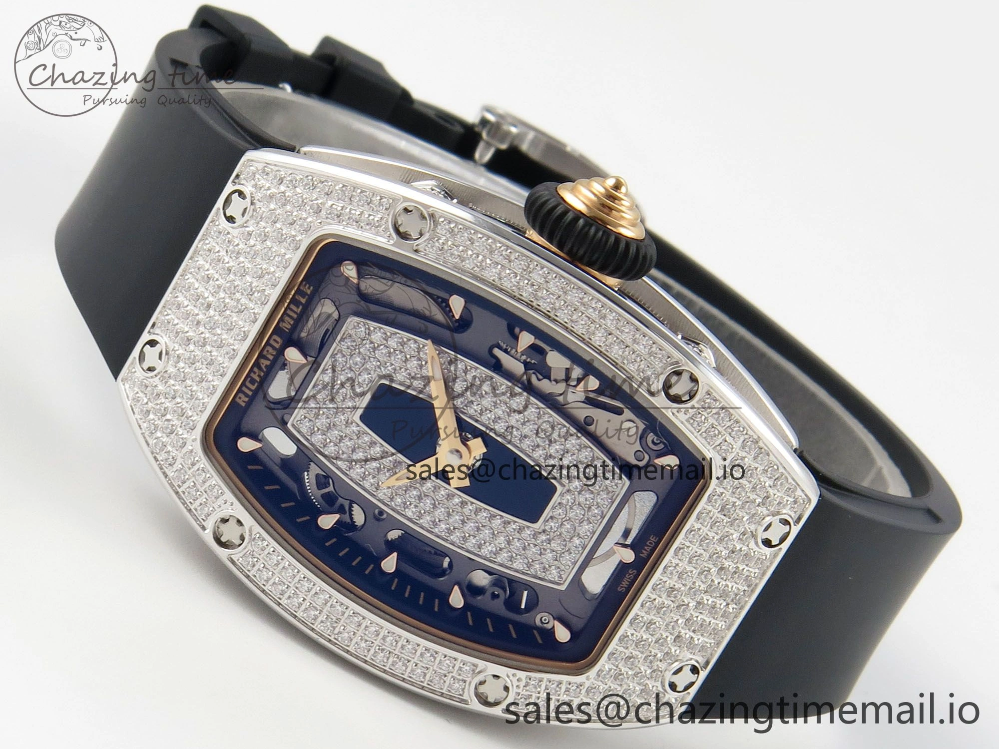 TopPick RM07 Ladies Full Diamonds SS ZF 1:1 Best Edition Black Dial on Black Rubber Strap CRMA2 Clone 9152