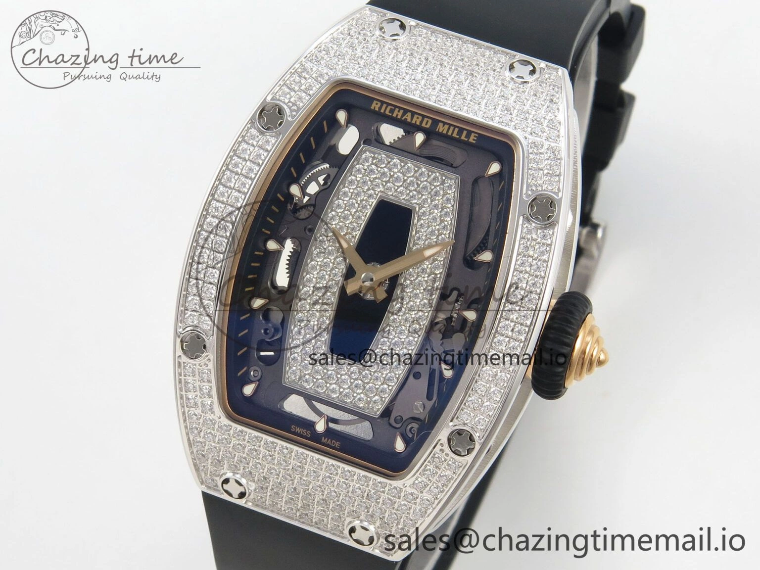 TopPick RM07 Ladies Full Diamonds SS ZF 1:1 Best Edition Black Dial on Black Rubber Strap CRMA2 Clone 9152