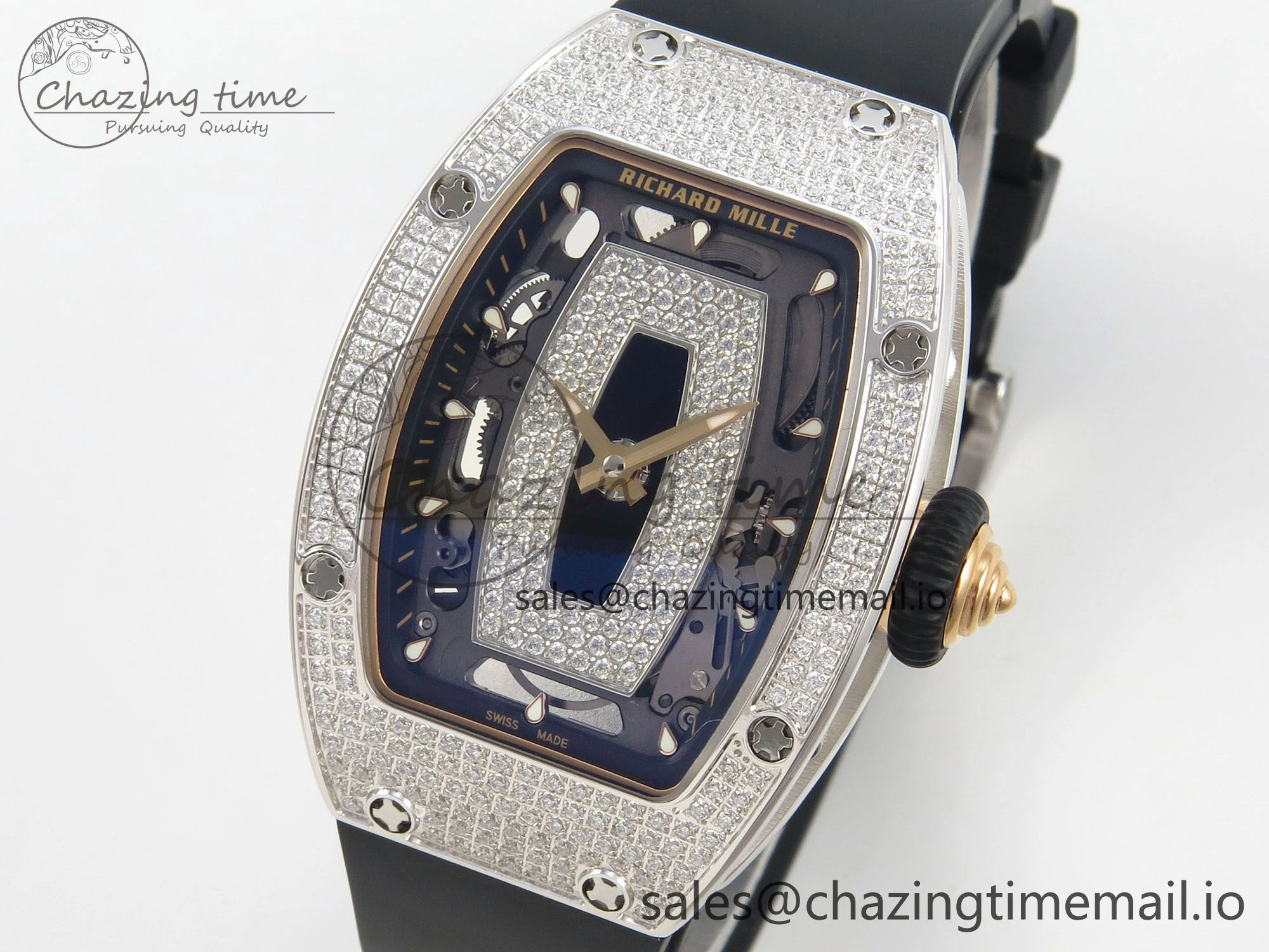 TopPick RM07 Ladies Full Diamonds SS ZF 1:1 Best Edition Black Dial on Black Rubber Strap CRMA2 Clone 9152