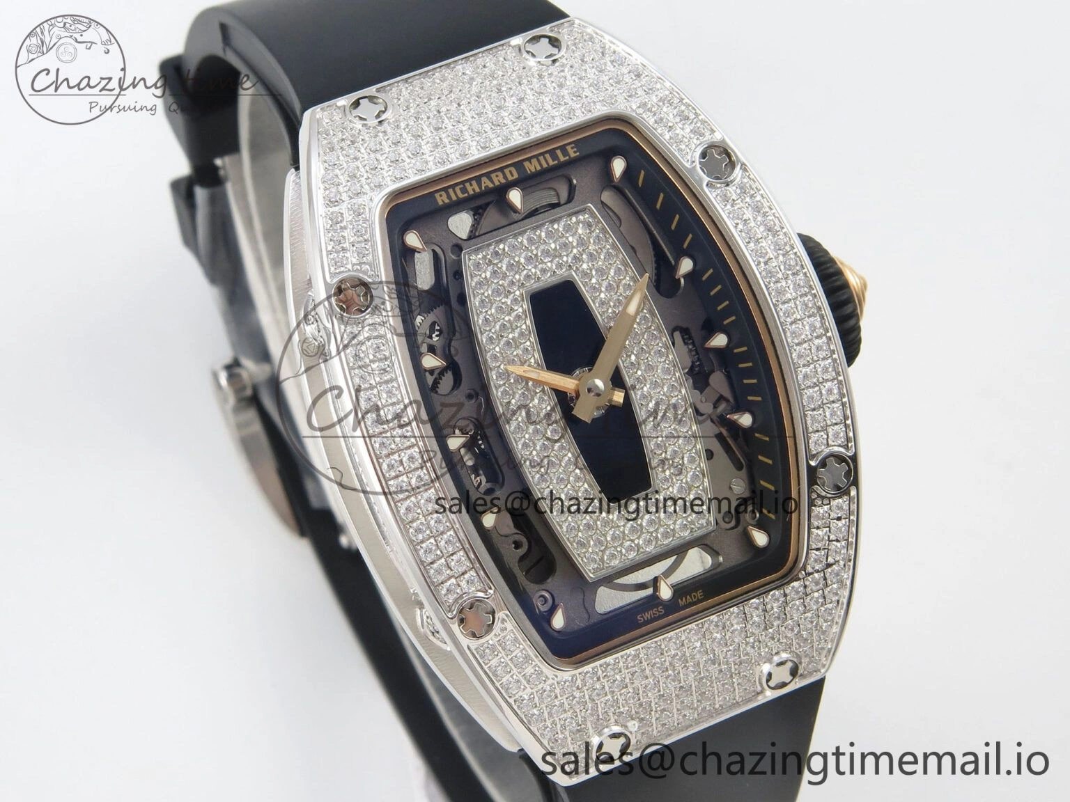 TopPick RM07 Ladies Full Diamonds SS ZF 1:1 Best Edition Black Dial on Black Rubber Strap CRMA2 Clone 9152