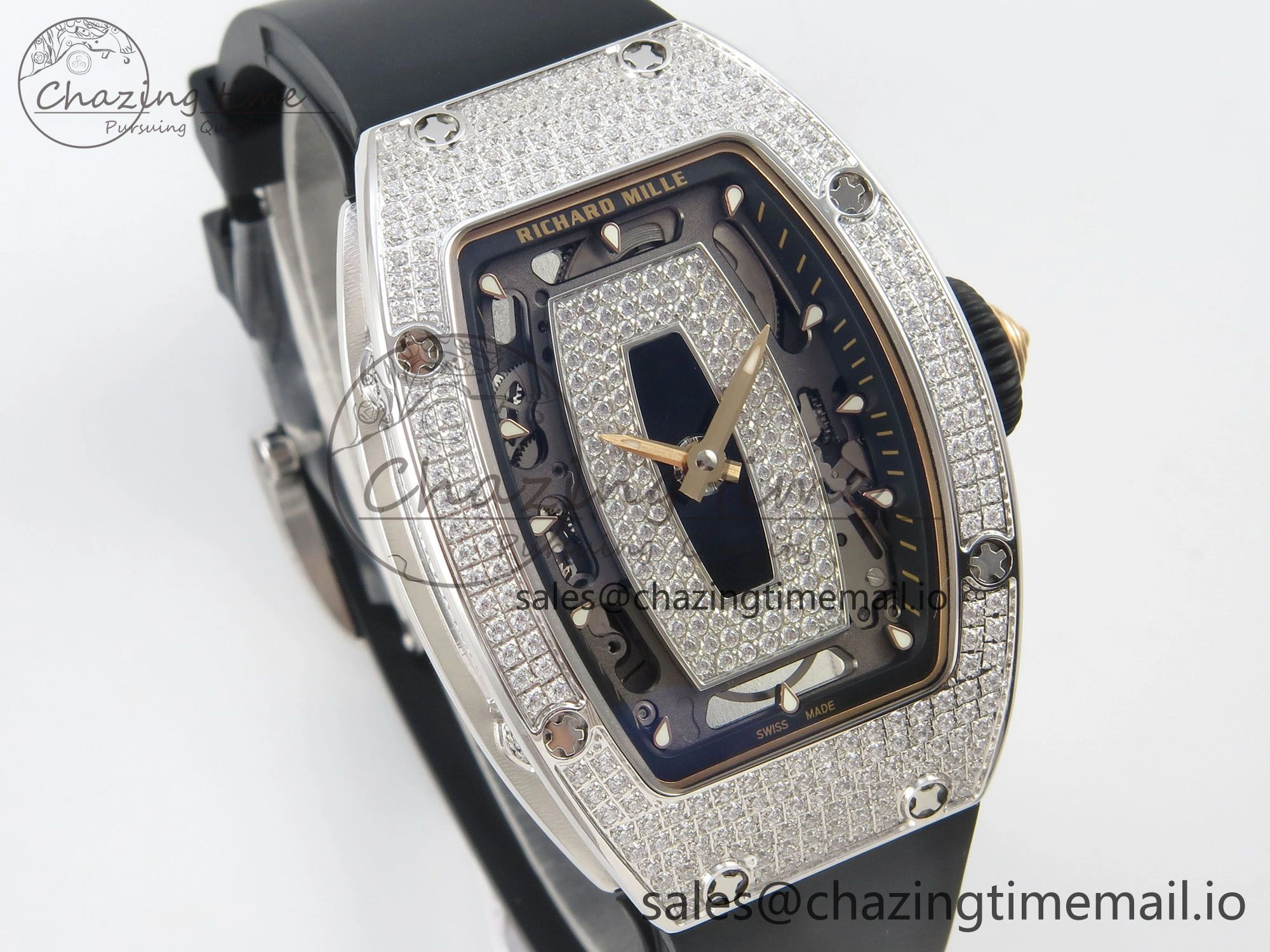 TopPick RM07 Ladies Full Diamonds SS ZF 1:1 Best Edition Black Dial on Black Rubber Strap CRMA2 Clone 9152