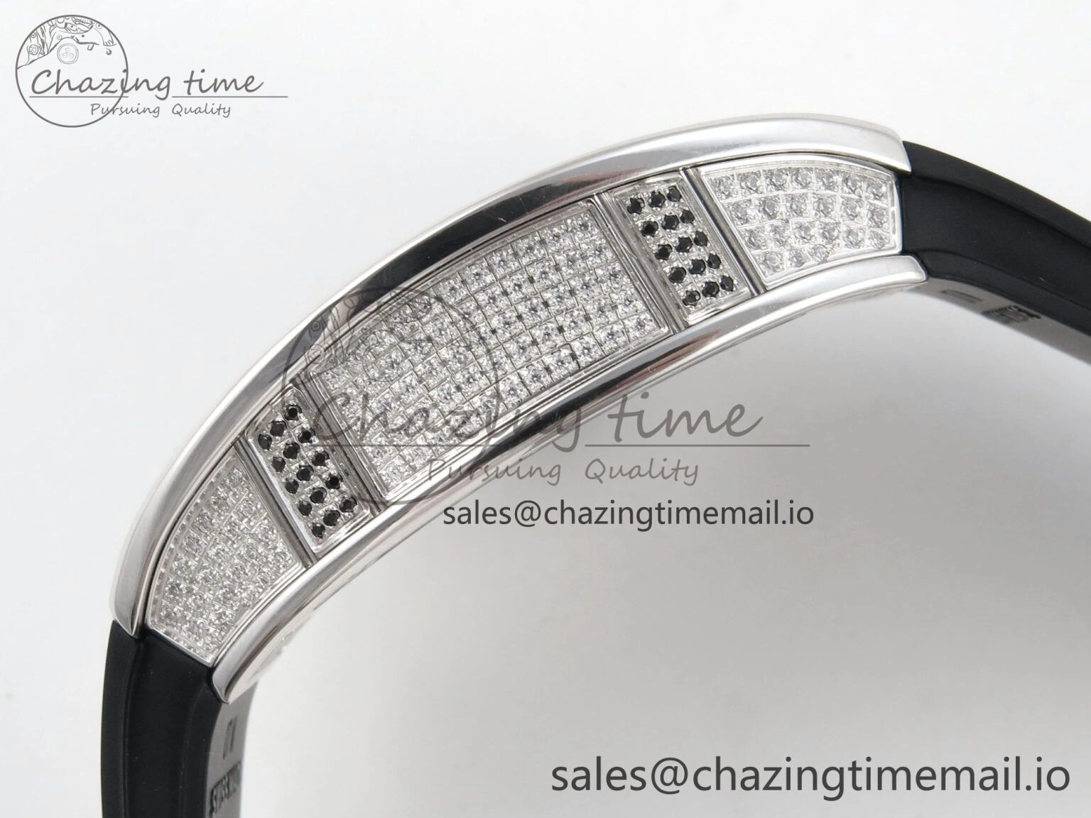 TopPick RM07 Ladies Full Diamonds SS ZF 1:1 Best Edition Black Dial on Black Rubber Strap CRMA2 Clone 9152